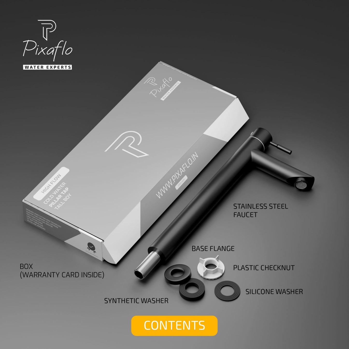 Pixaflo Florent SS-304 Extended Tall Body Pillar Cock 12" Tap for Wash Basin | Stainless Steel (Matte Black)