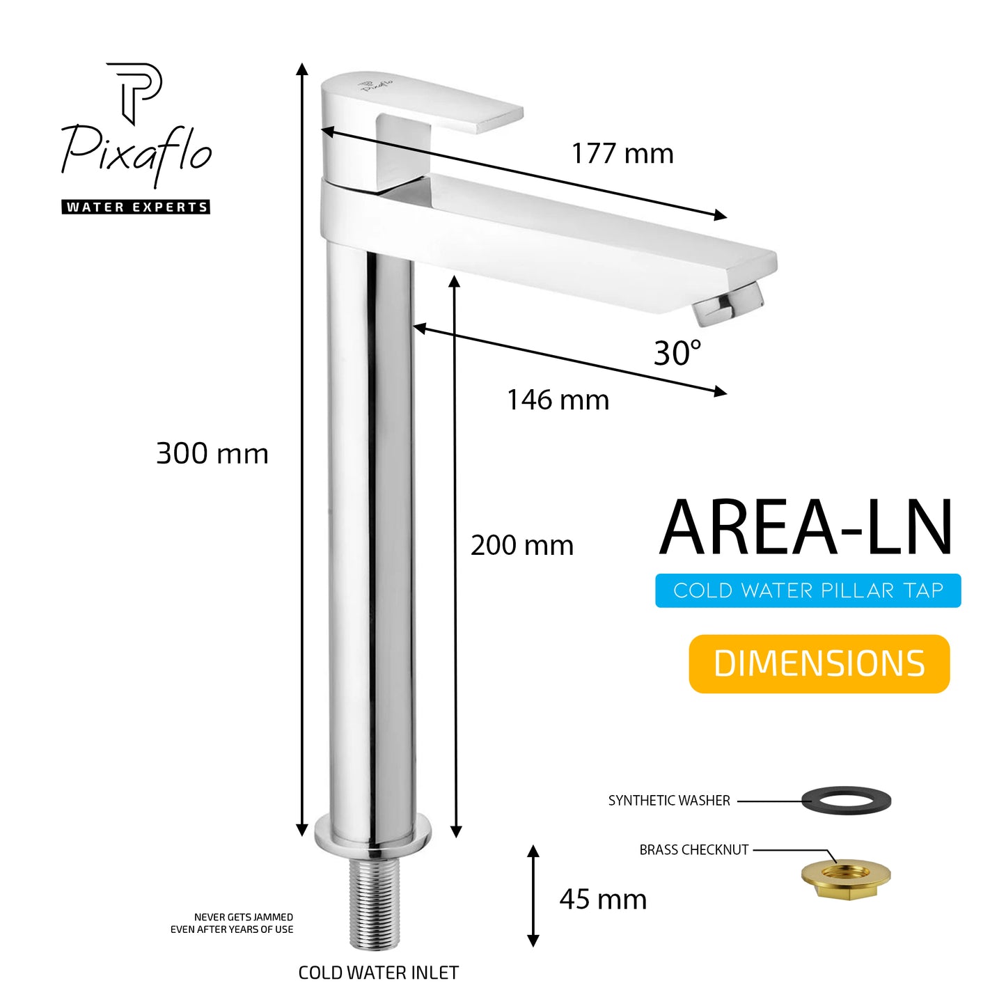Pixaflo Area-LN Brass Extended Tall Body Pillar Cock 12 inch Tap for Wash Basin | 7 Inch Long Nose Spout | Deck Mounted | Cold Water Tap (Not Hot & Cold Mixer) | Table Top Faucet | Chrome Finish