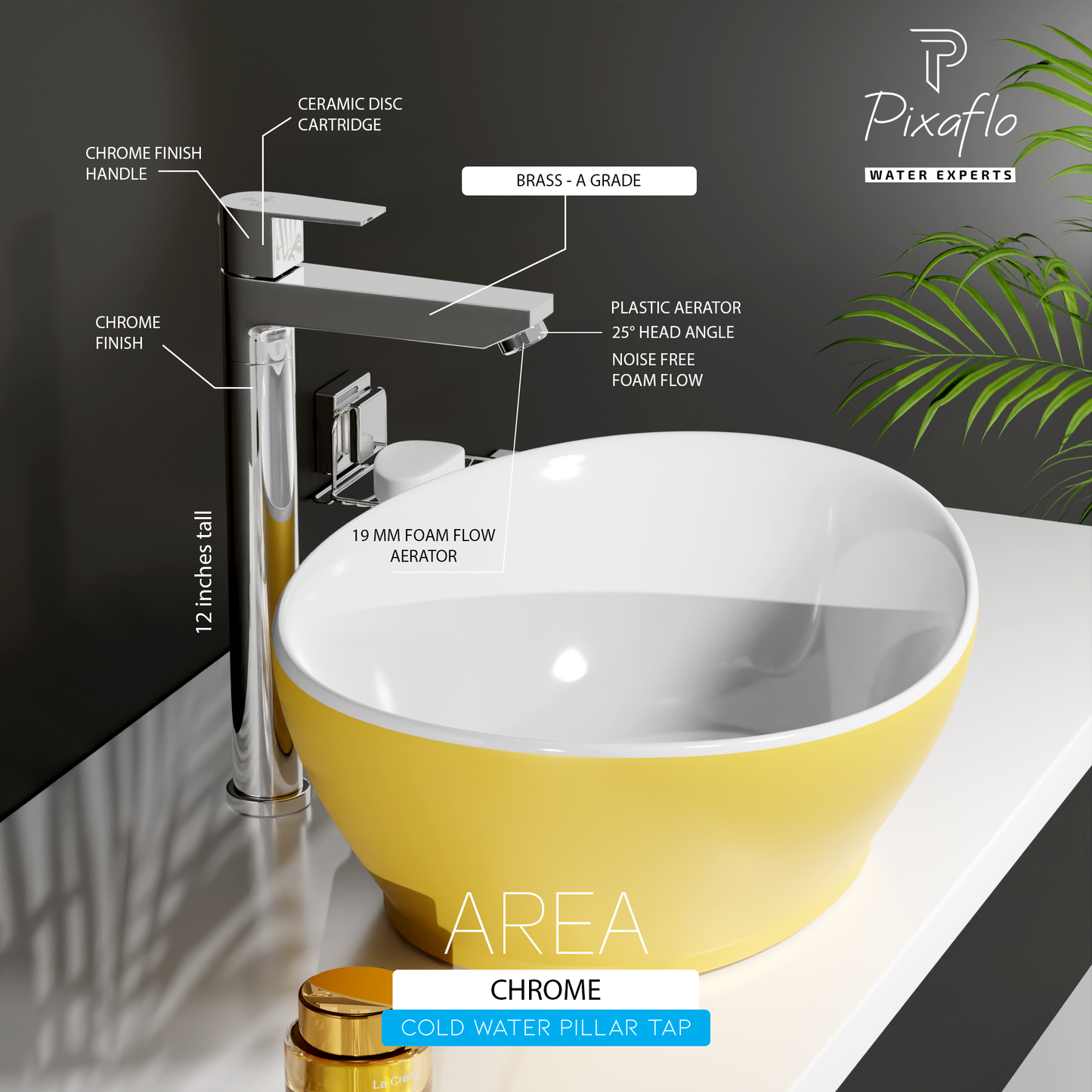 Pixaflo Area Brass Extended Tall Body Pillar Cock 12 inch Tap for Wash Basin | Deck Mounted | Cold Water Tap (Not Hot & Cold Mixer) | Counter Top/Table Top Faucet | Foam Flow | Chrome Finish