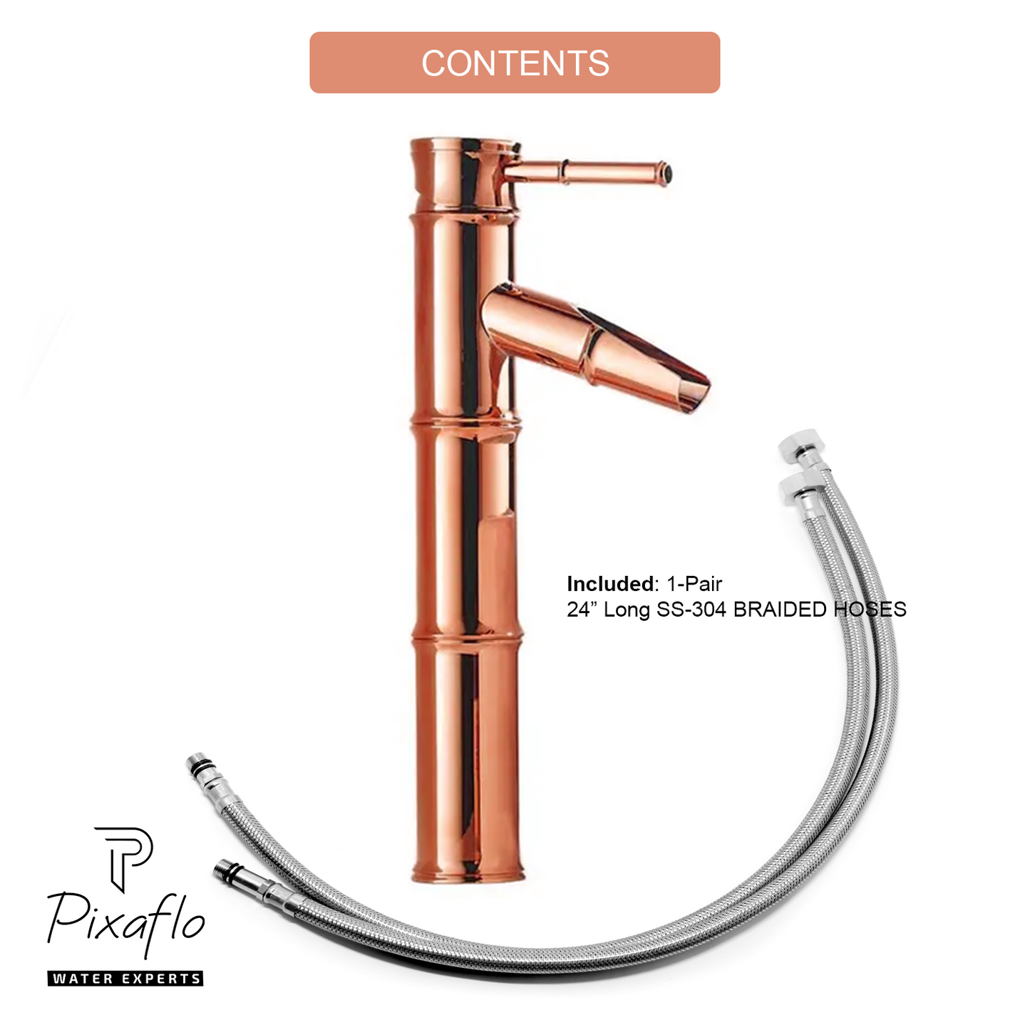 Pixaflo Bamboo Brass Extended Tall Body Hot & Cold Single Lever Basin Mixer 12" Antique Tap with 24 inches Long Braided Hoses | Rose Gold