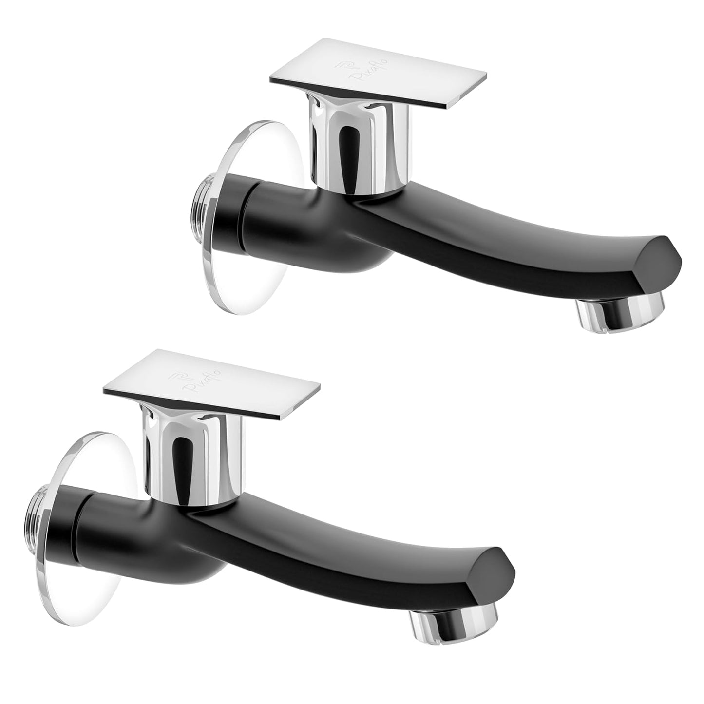 Pixaflo Concave-A Brass Long Body Bib Cock Tap with Wall Flange Combo | Matte Black | Pack of 2