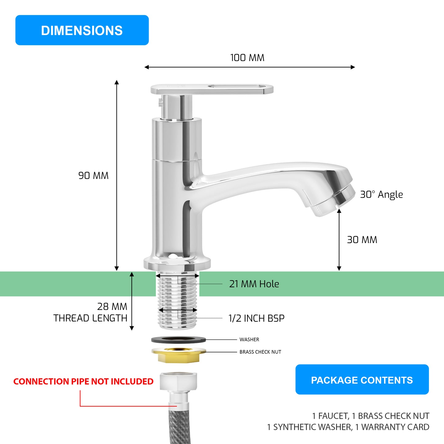 Pixaflo Cassia Brass Pillar Tap for Wash Basin | Pillar Cock | Quarter-Turn | Ceramic Disc Cartridge | Foam Flow | Chrome Finish