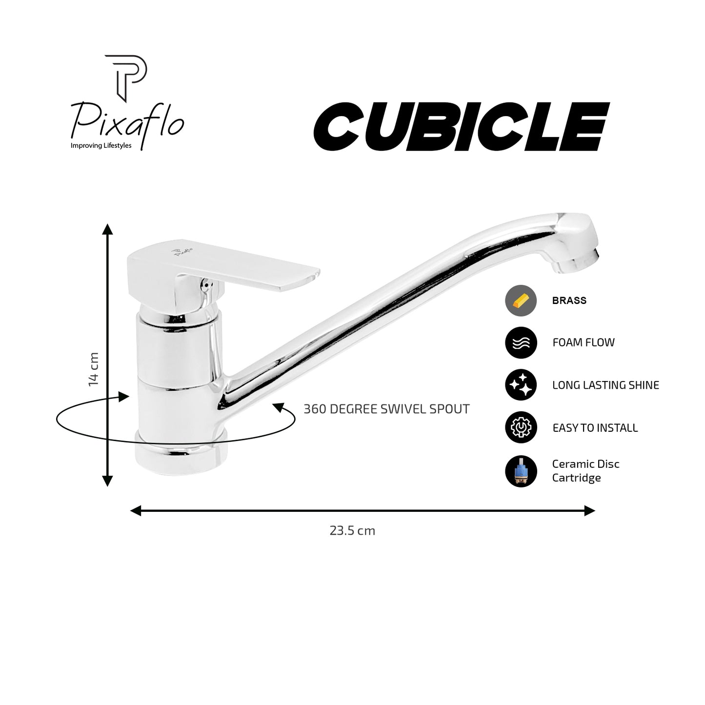 Pixaflo Cubicle Brass Single Lever Sink Mixer Table Mounted with Swivel Spout and 18 inches Long Braided Hoses | Chrome Finish