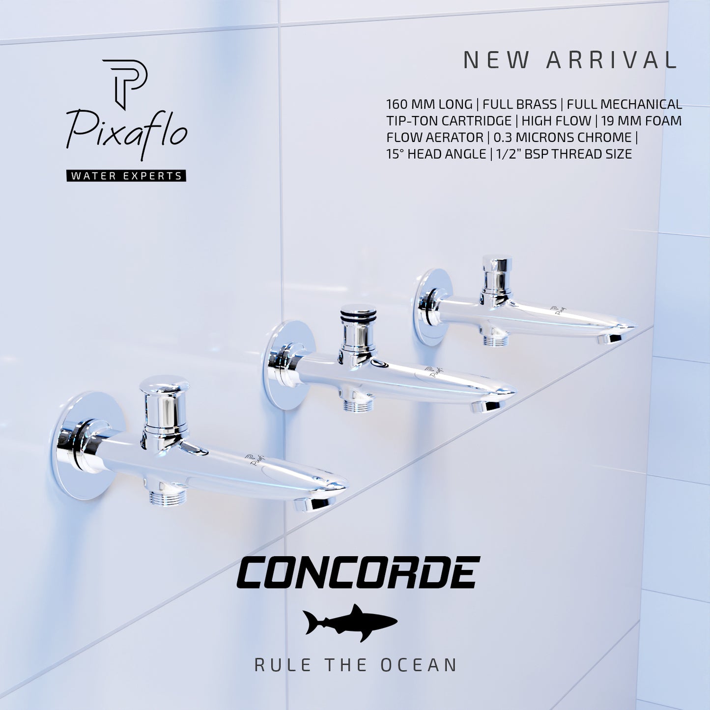 Pixaflo Concorde Brass Bath Tub Diverter Spout with Wall Flange | Tip-Ton | Chrome Finish