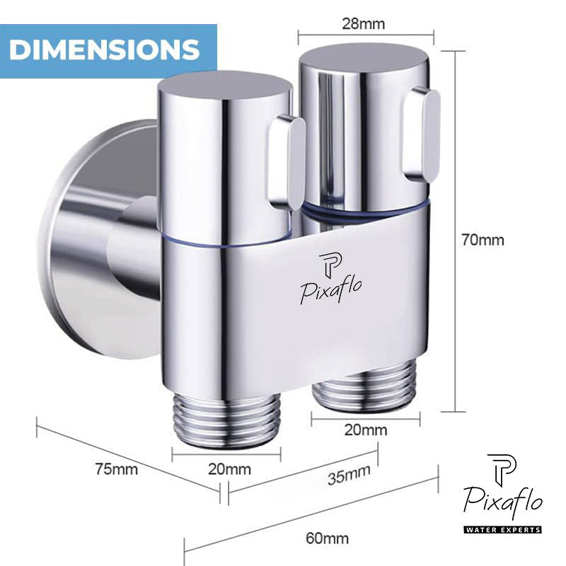 Pixaflo Compact Brass 2 Way Angle Cock Combo | 2 in 1 Angle Valve with Wall Flange For Bathroom, Toilet, Wash Basin | Chrome Finish | Pack of 2