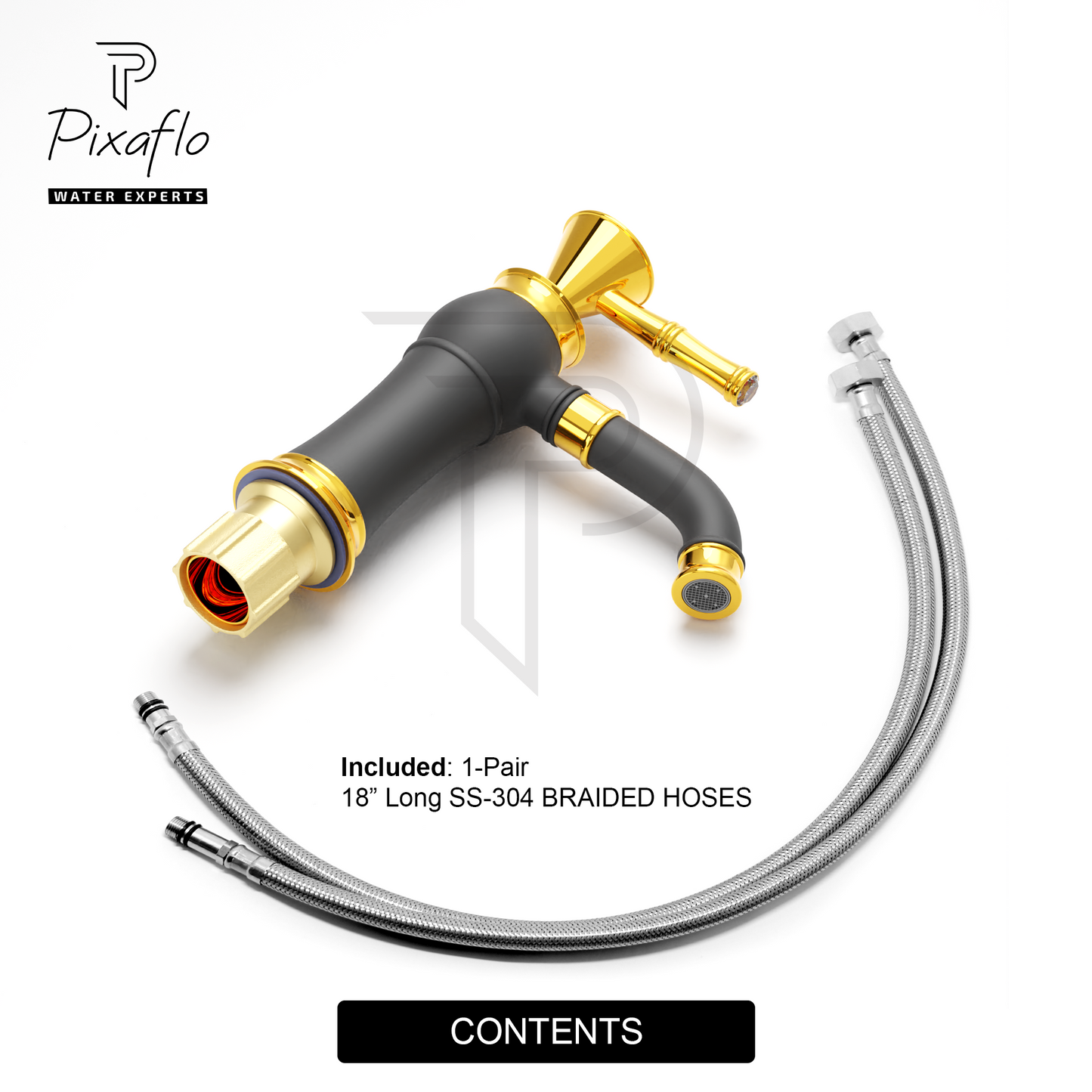 Pixaflo Crystal Extended Tall Body Hot & Cold Single Lever Basin Mixer Premium Luxury Tap with 18 inches Long Braided Hoses | Black Gold