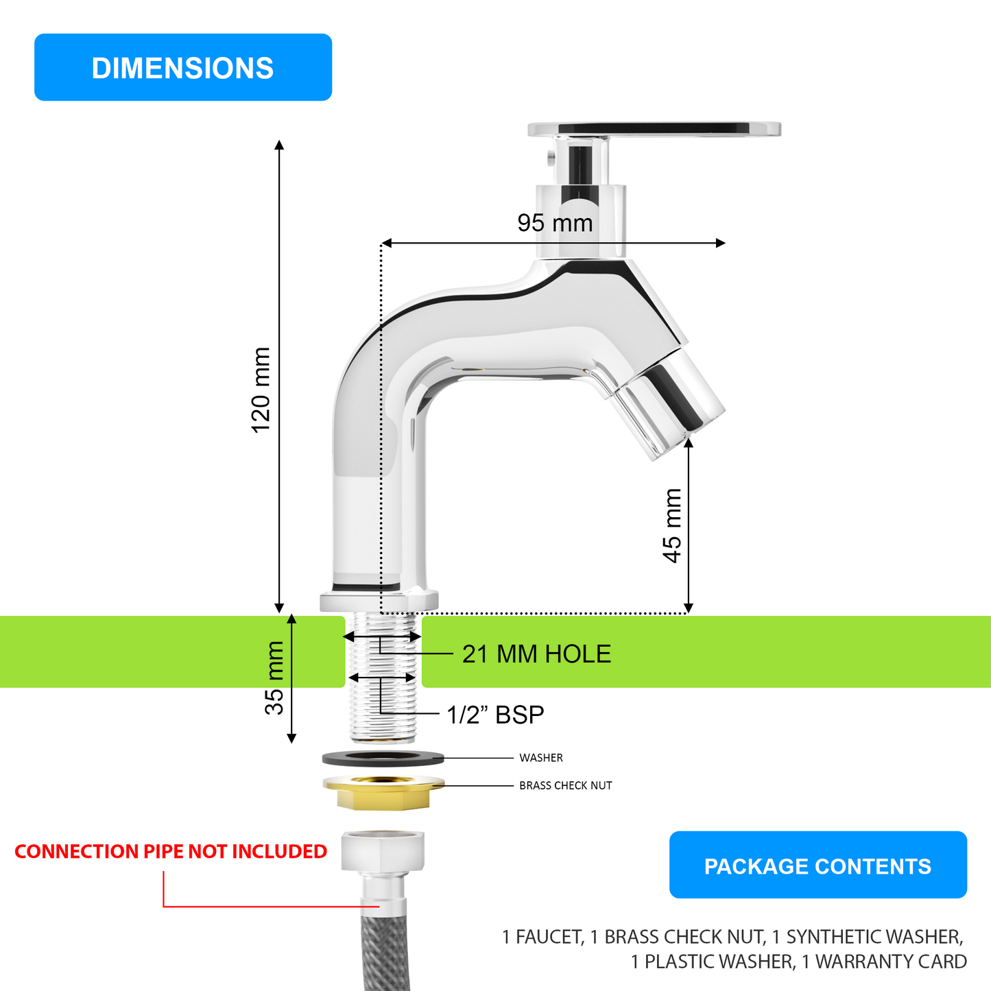 Pixaflo META-O Brass Pillar Tap for Wash Basin | Pillar Cock | Quarter-Turn | Ceramic Disc Cartridge | Foam Flow | Chrome Finish
