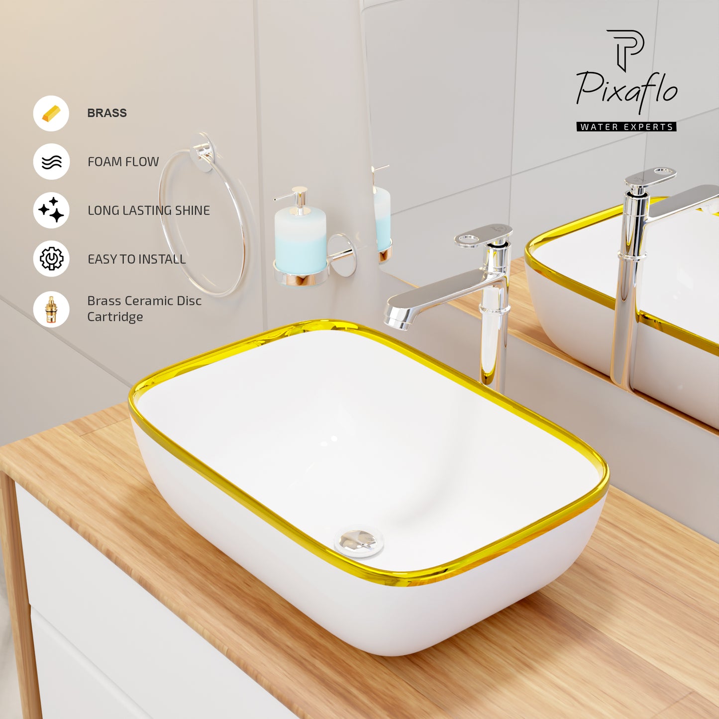 Pixaflo Curio Brass Extended Tall Body Pillar Cock 12 inch Tap for Wash Basin | Deck Mounted | Cold Water Tap (Not Hot & Cold Mixer) | Counter Top/Table Top Faucet | Foam Flow | Chrome Finish
