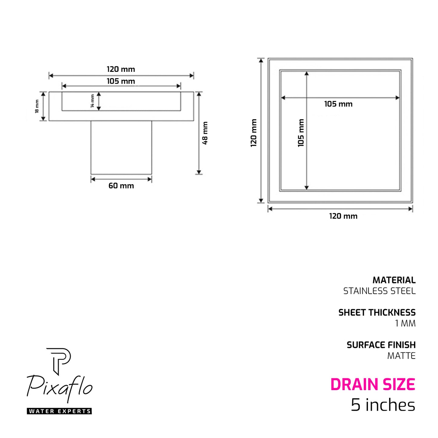 Pixaflo Square Tile Insert Floor Drain | 5 x 5 Inches | 304 Stainless Steel | Invisible Shower Drain Channel | Waste Water Floor Drain for 13mm Tile | Drainer Channel | Anti Cockroach Trap | Silver