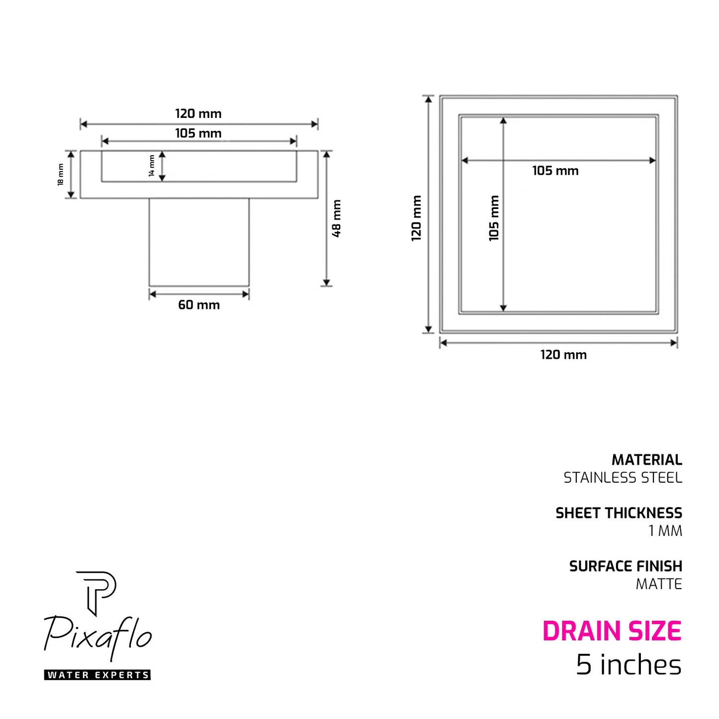 Pixaflo Square Tile Insert Floor Drain Combo | 5 x 5 Inches | 304 Stainless Steel | Invisible Shower Drain Channel | Waste Water Floor Drain for 13mm Tile | Drainer Channel | Anti Cockroach Trap | Silver | Pack of 2
