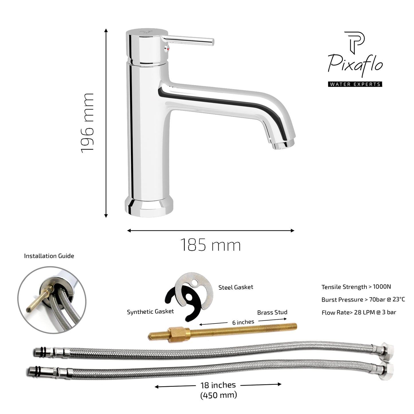 Pixaflo Florent-FX-8 Brass Extended Hot & Cold Single Lever Basin Mixer Tall Boy with 24 inches Braided Hoses | 12 inches Tall | Chrome