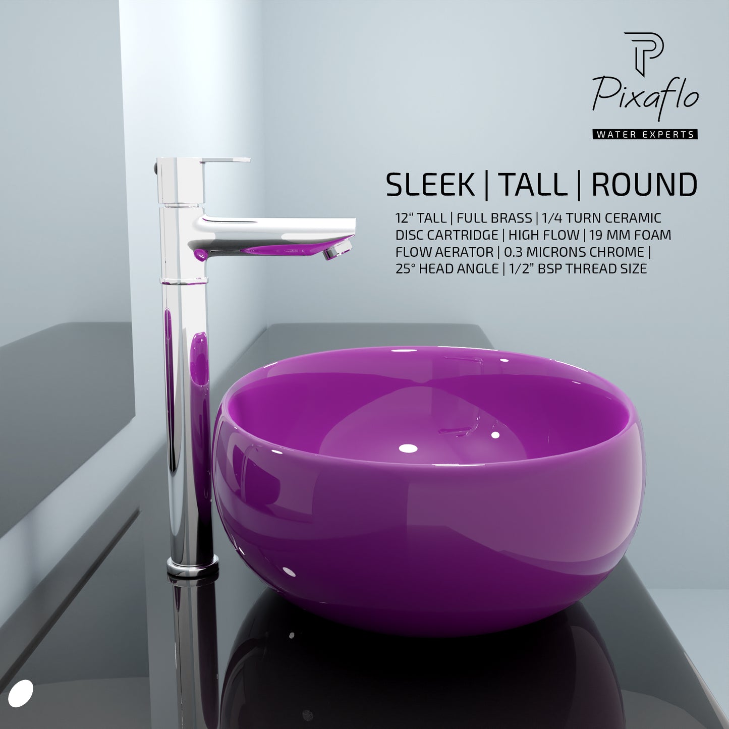 Pixaflo Fission Brass Extended Tall Body Pillar Cock 12 inch Tap for Wash Basin | Deck Mounted | Cold Water Tap (Not Hot & Cold Mixer) | Counter Top/Table Top Faucet | Foam Flow | Chrome Finish