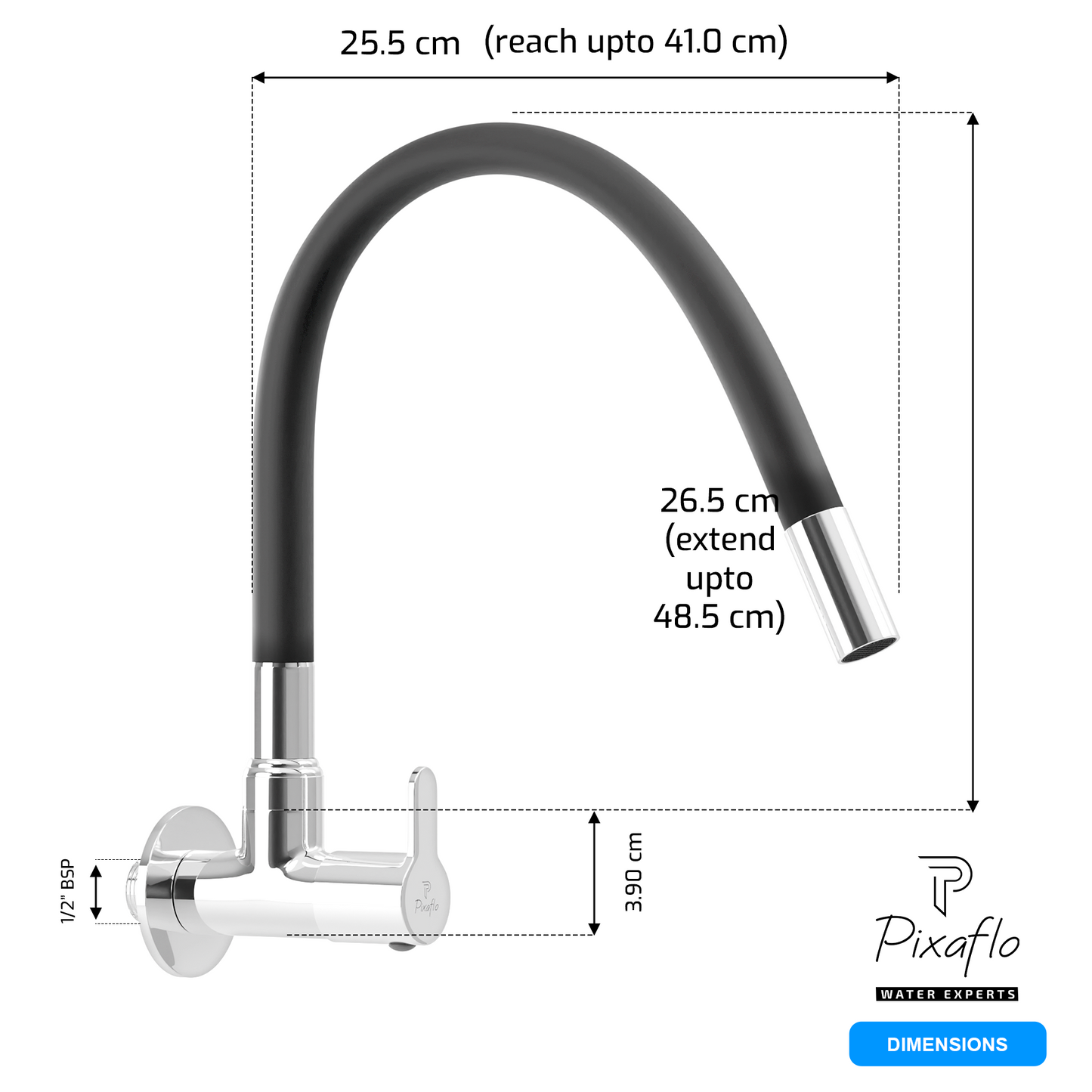 Pixaflo Fission Brass Sink Cock Tap with Wall Flange | with Black Foam Flow 360-degree Swivel Flexible Silicone Swivel Spout for Kitchen Sink | Wall Mounted
