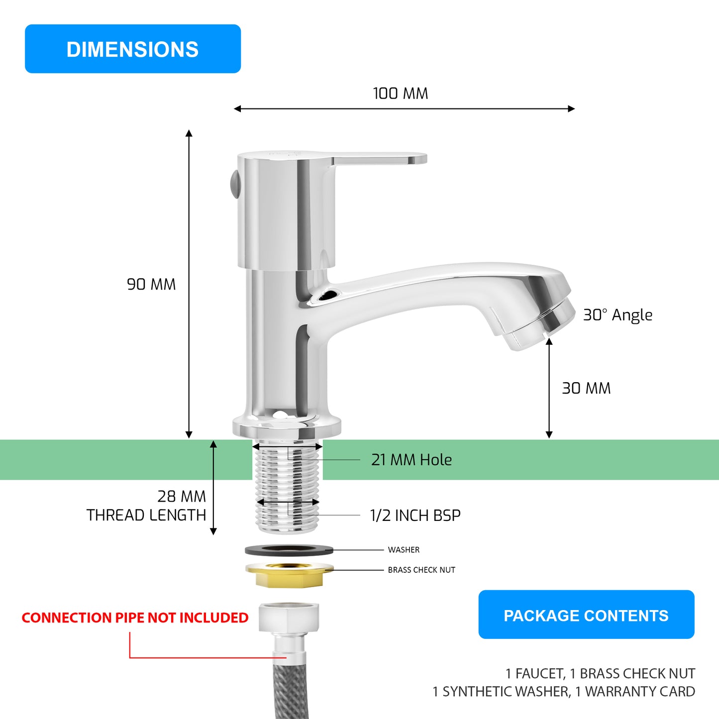 Pixaflo Fission Brass Pillar Tap for Wash Basin | Pillar Cock | Quarter-Turn | Ceramic Disc Cartridge | Foam Flow | Chrome Finish