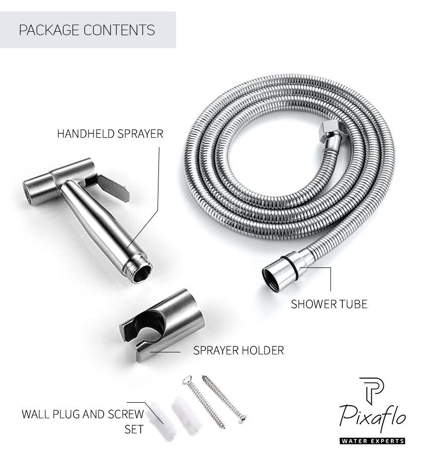 Pixaflo Stainless Steel Heavy Duty Health Faucet Set for Bathroom with 1.5 Meter Flexible Shower Hose and Wall Hook | Brushed Finish | Jet Spray for Toilet