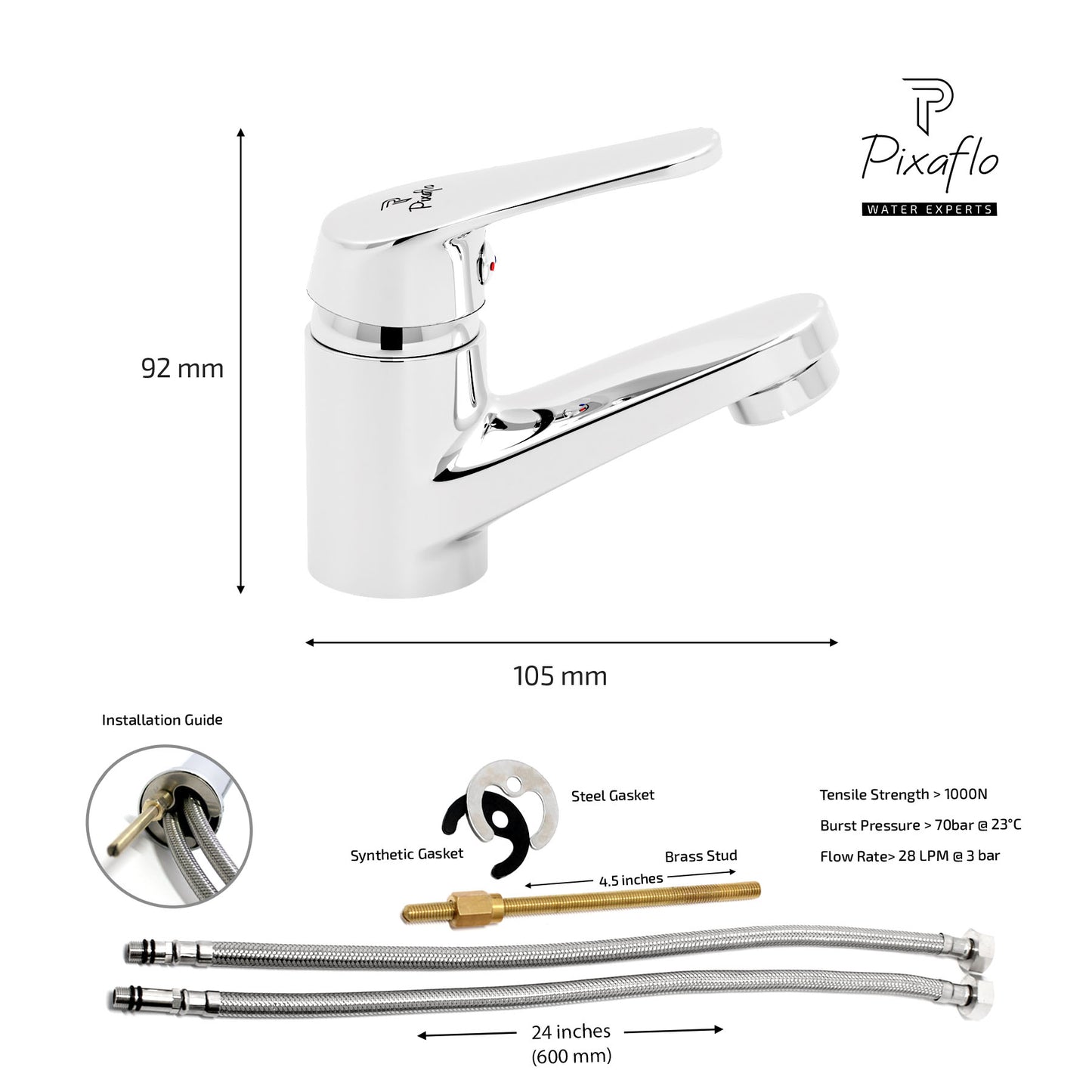 Pixaflo Infix Brass Single Lever Basin Mixer Tap with 24 inches Braided Hoses | Hot & Cold Deck Mounted Faucet | Chrome Finish