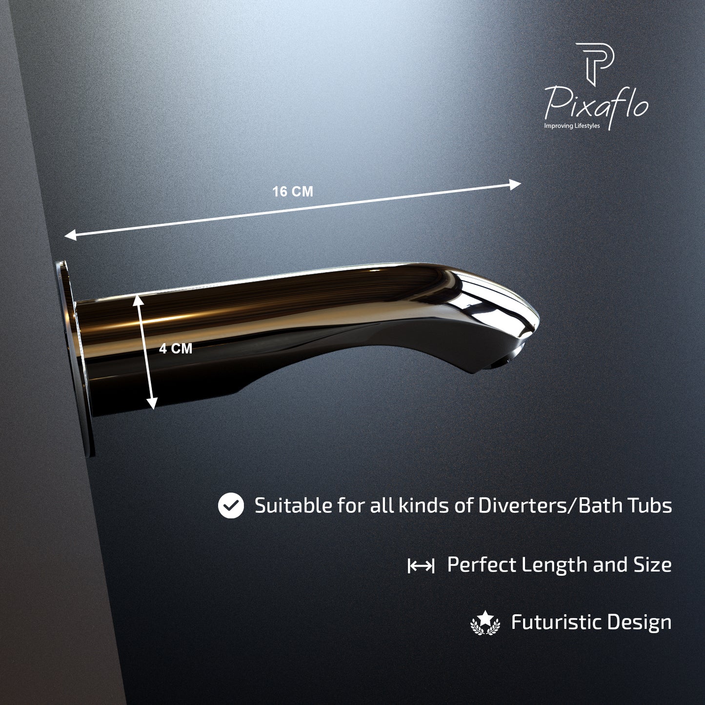 Pixaflo Mark Brass Bath Tub Spout with Wall Flange | High Flow | Chrome