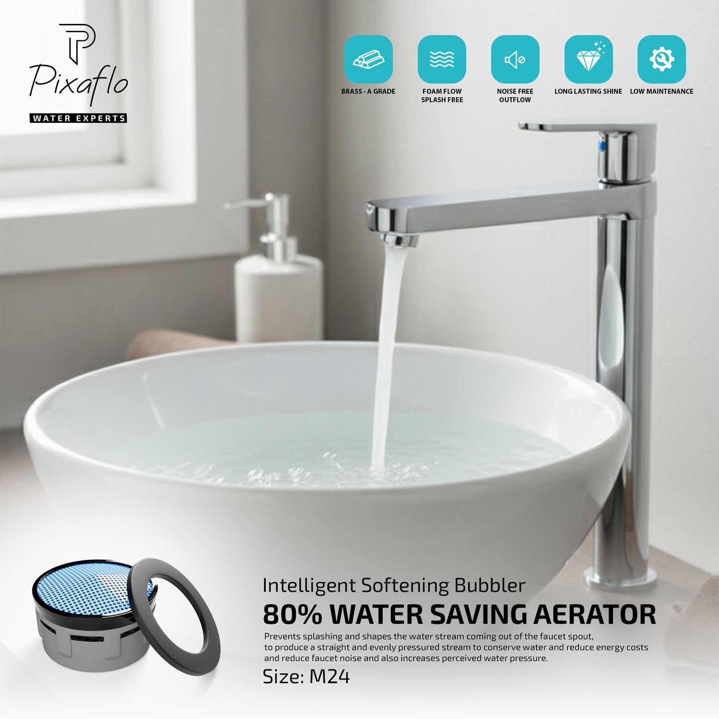 Pixaflo Koroit-LN Brass Extended Tall Body Pillar Cock 12 inch Tap for Wash Basin | 7 Inch Long Nose Spout | Deck Mounted | Cold Water Tap (Not Hot & Cold Mixer) | Table Top Faucet | Chrome Finish