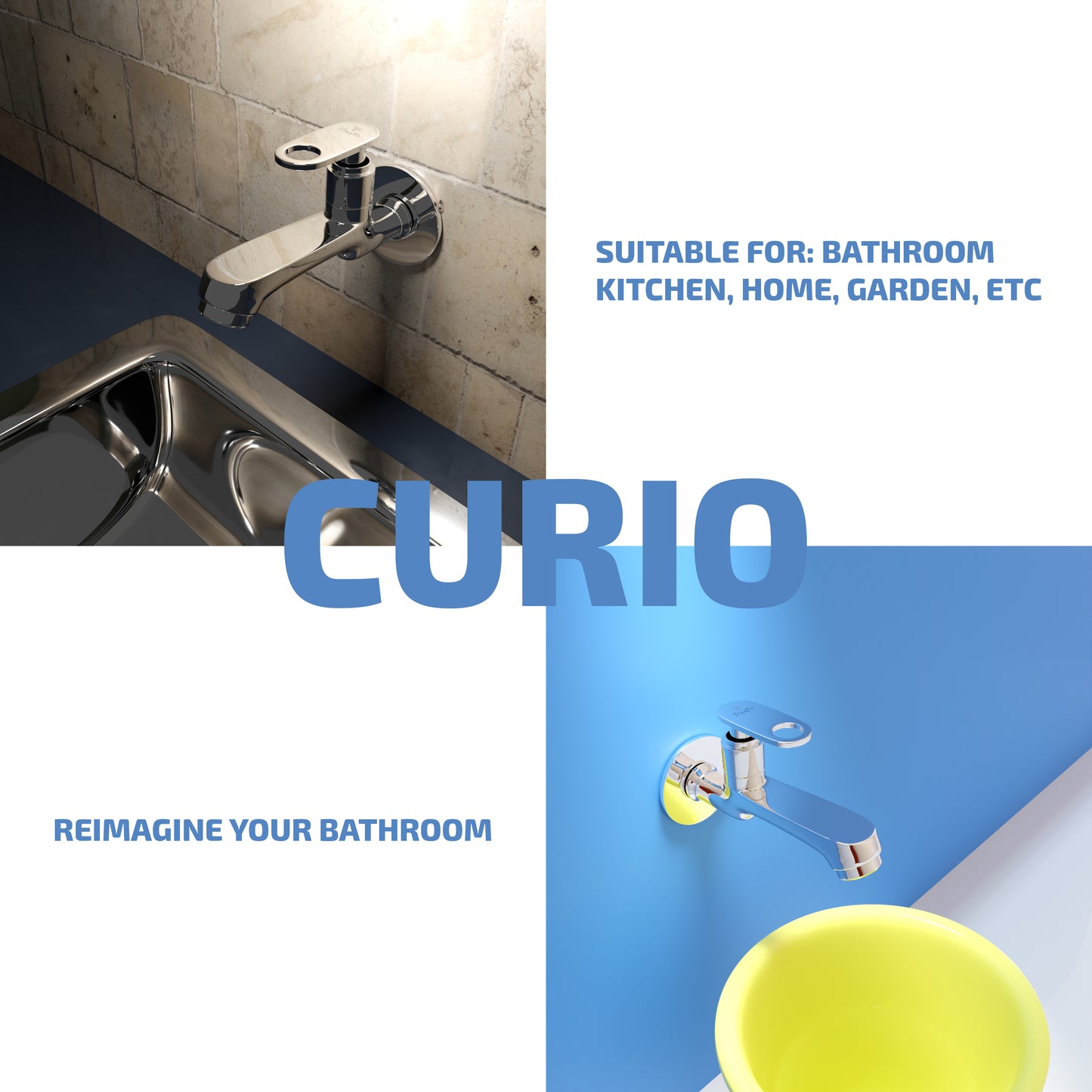 Pixaflo Curio Brass Long Body Bib Cock Tap with Wall Flange Combo | Chrome | Pack of 2