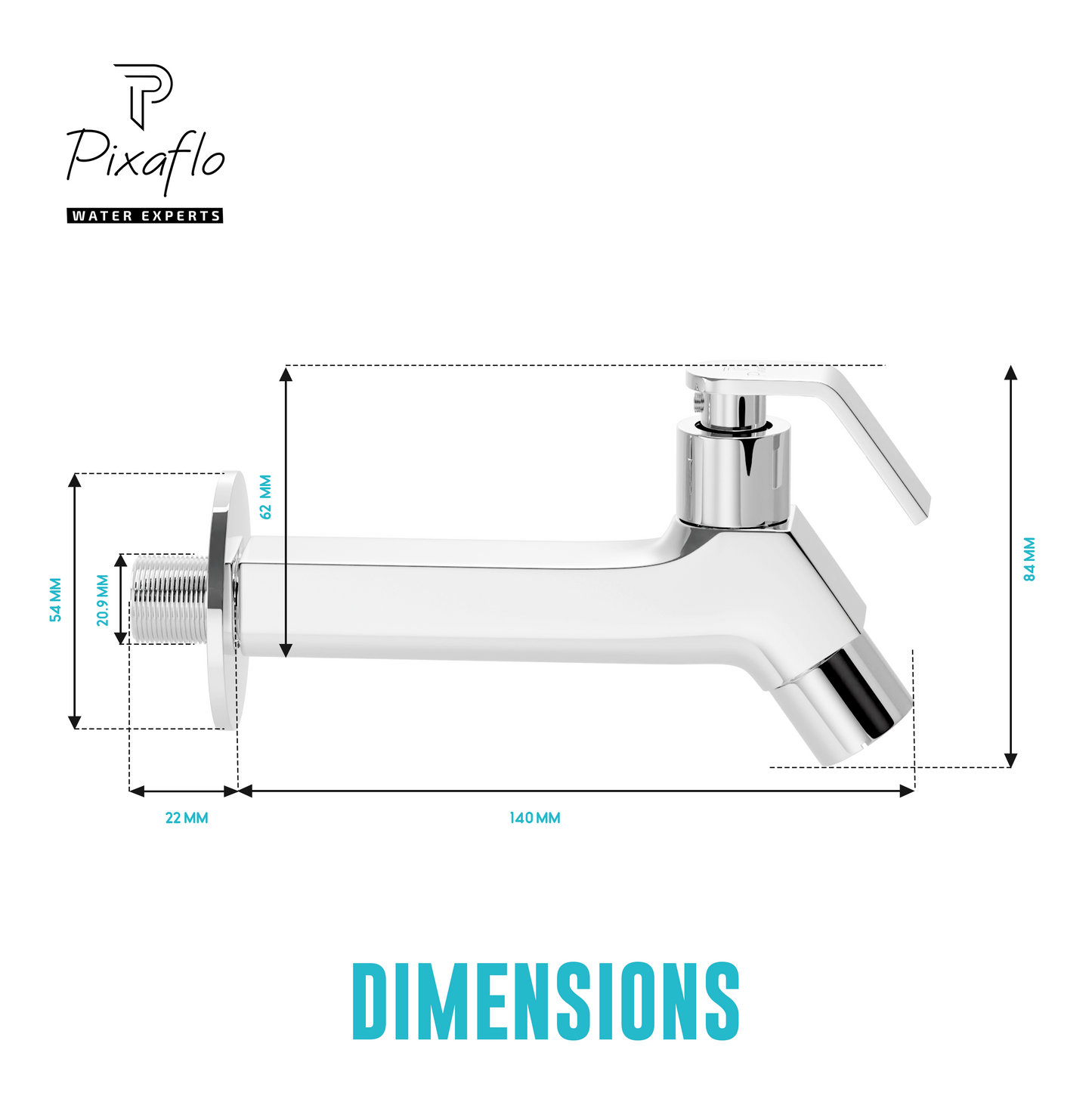 Pixaflo META Brass Long Body Bib Cock Tap with Wall Flange | Chrome