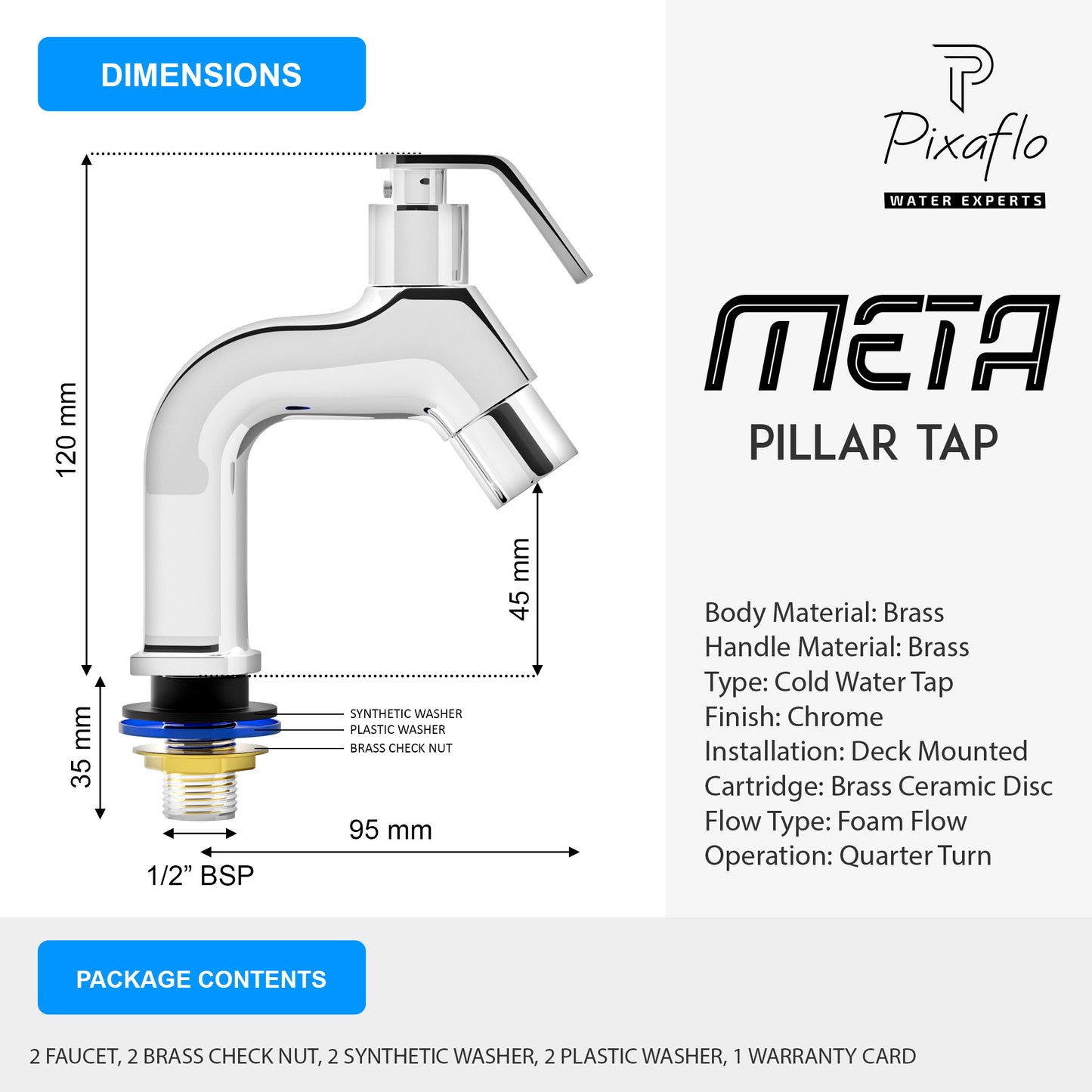 Pixaflo Meta Brass Pillar Tap for Wash Basin Combo | Pillar Cock | Quarter-Turn | Ceramic Disc Cartridge | Foam Flow | Chrome Finish | Pack of 2
