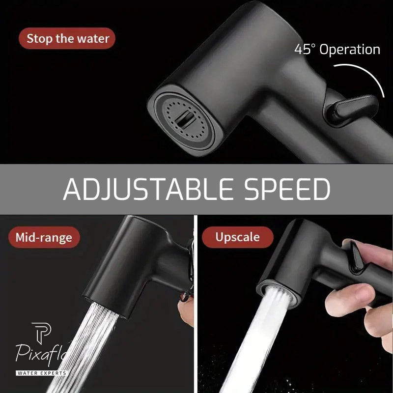 Pixaflo Compact 2-in-1 Angle Valve with Health Faucet, Shower Tube and Hook | Complete Set | Antique Black for Bathroom, Toilet, Wash Basin