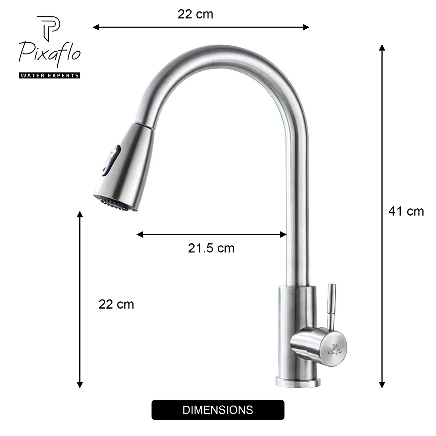 Pixaflo SS 304 Pull Out Kitchen Sink Mixer Tap with Swivel Spout and Connection Hoses | Deck Mounted (Brushed Silver)