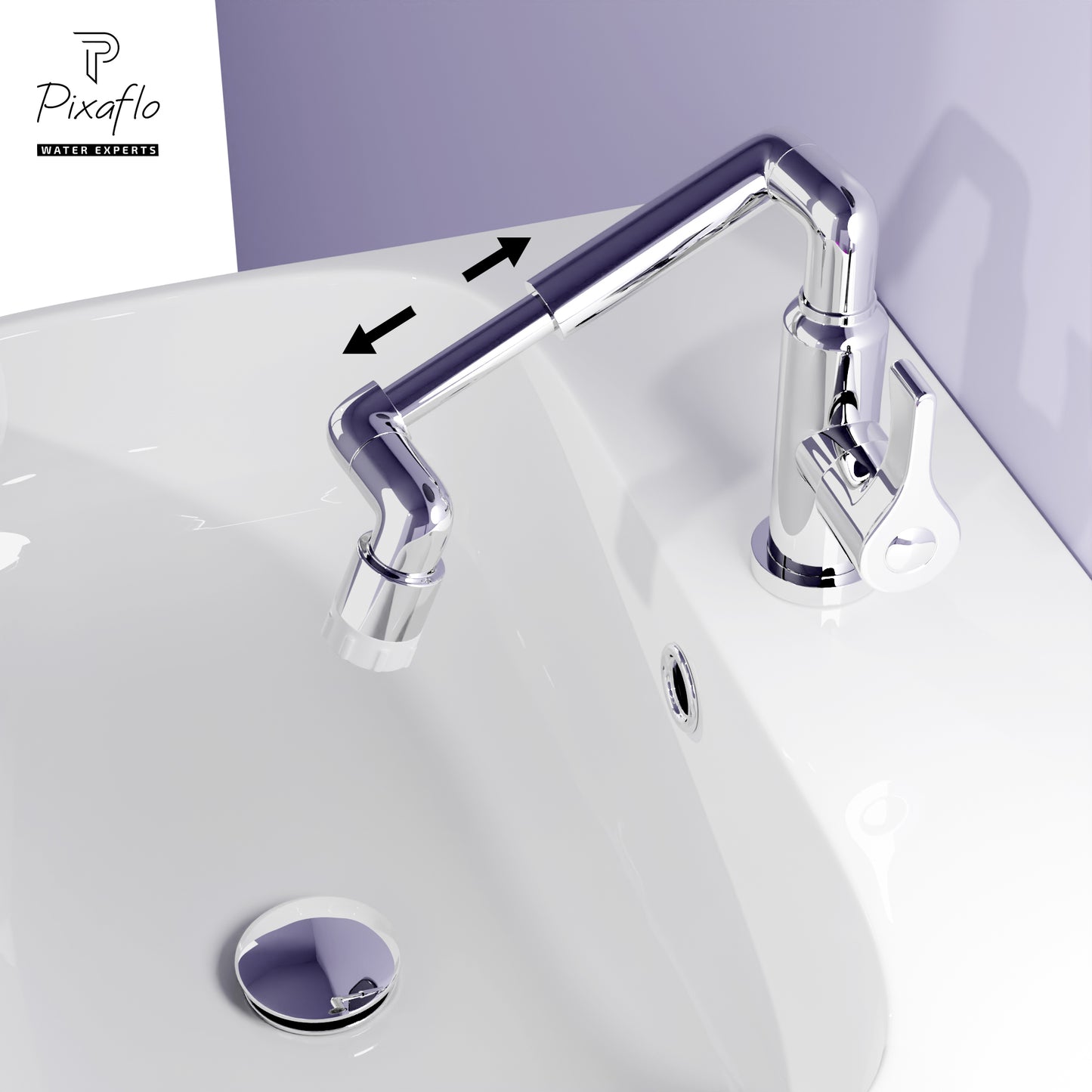 Pixaflo Robotic Arm Swan Neck Tap for Wash Basin | 1080 Degree Swivel Robotic Arm Mechanical Spout | Cold Water Tap | Dual Flow | Chrome Finish