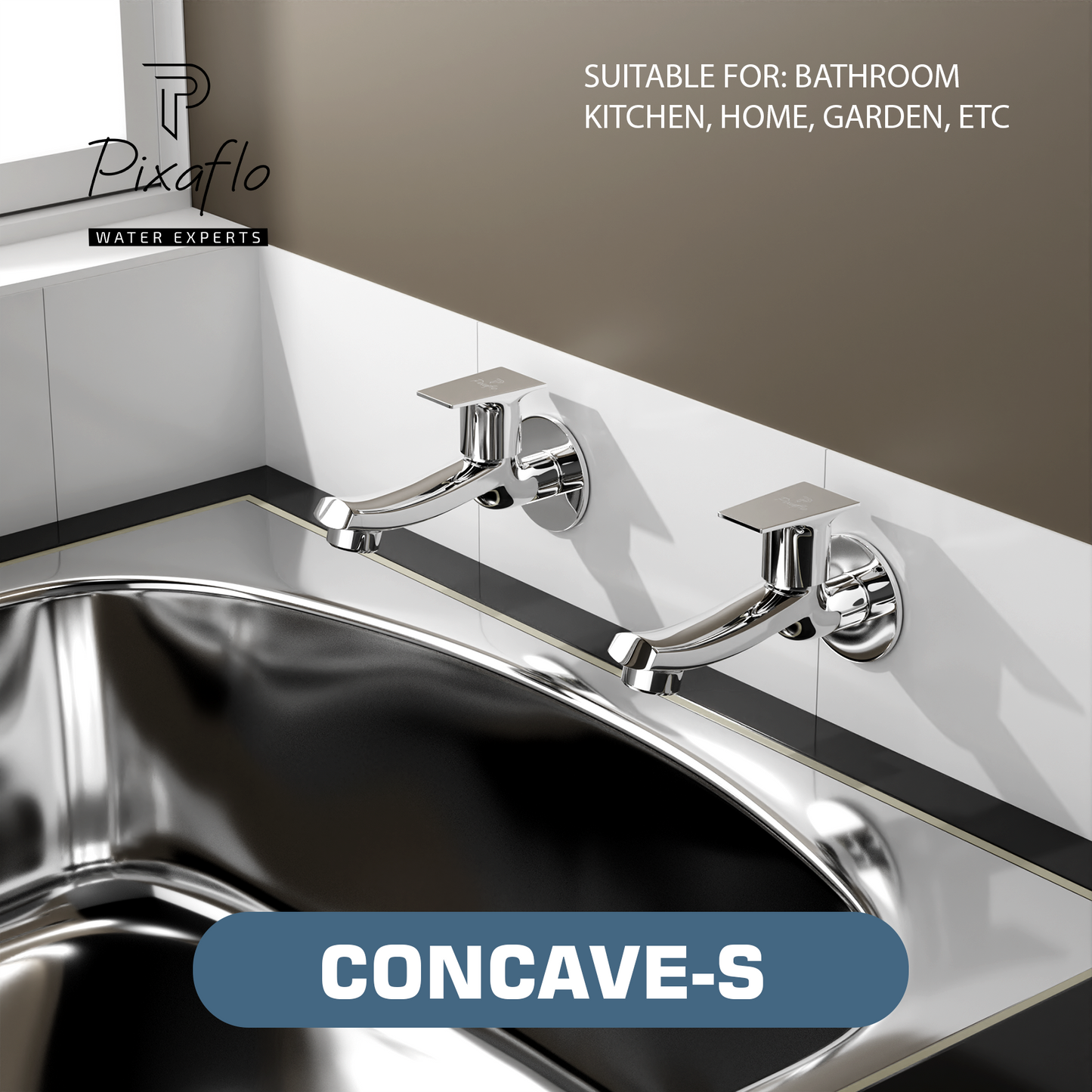 Pixaflo Concave-S Brass Long Body Bib Cock Tap with Wall Flange Combo | Chrome | Pack of 2