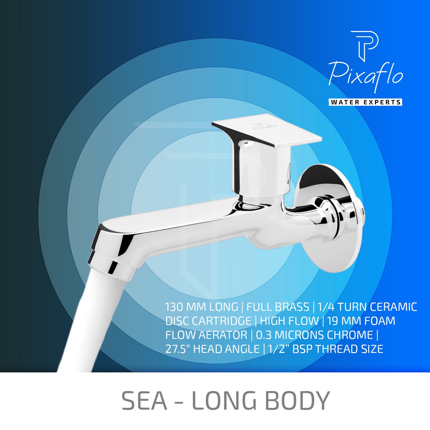 Pixaflo Sea Brass Long Body Bib Cock Tap with Wall Flange Combo | Chrome | Pack of 2