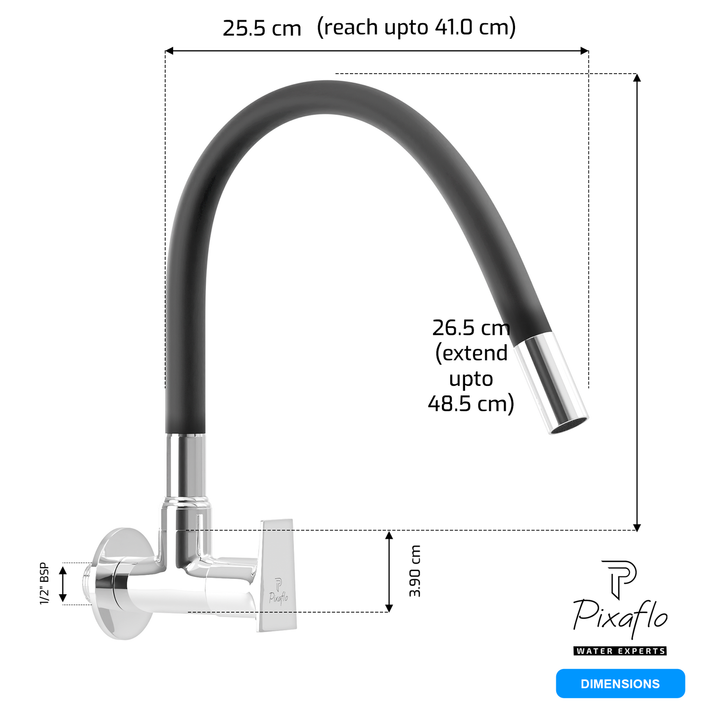 Pixaflo Sea Brass Sink Cock Tap with Wall Flange | with Black Foam Flow 360-degree Swivel Flexible Silicone Swivel Spout for Kitchen Sink | Wall Mounted