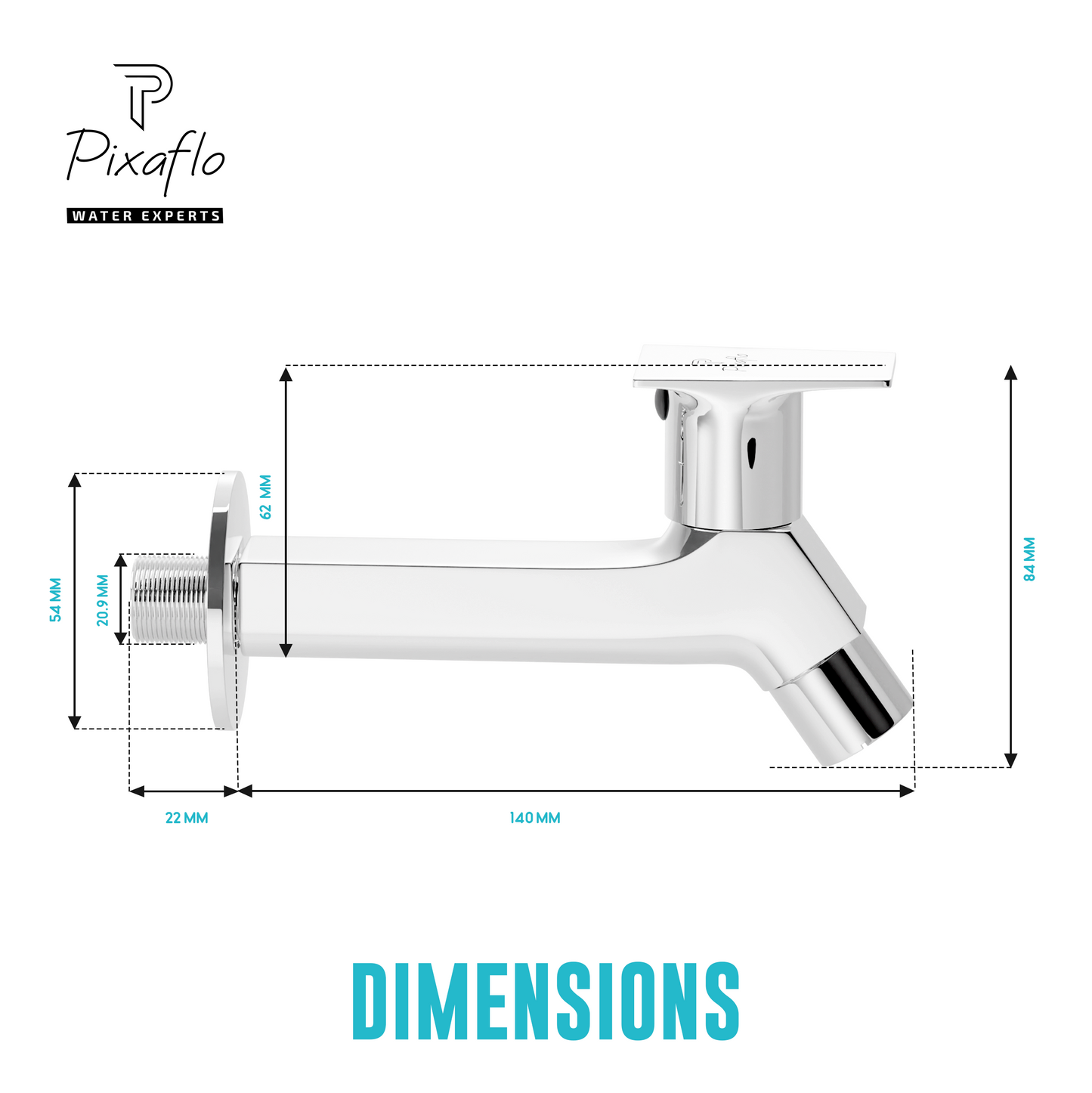 Pixaflo META-S Brass Long Body Bib Cock Tap with Wall Flange | Chrome