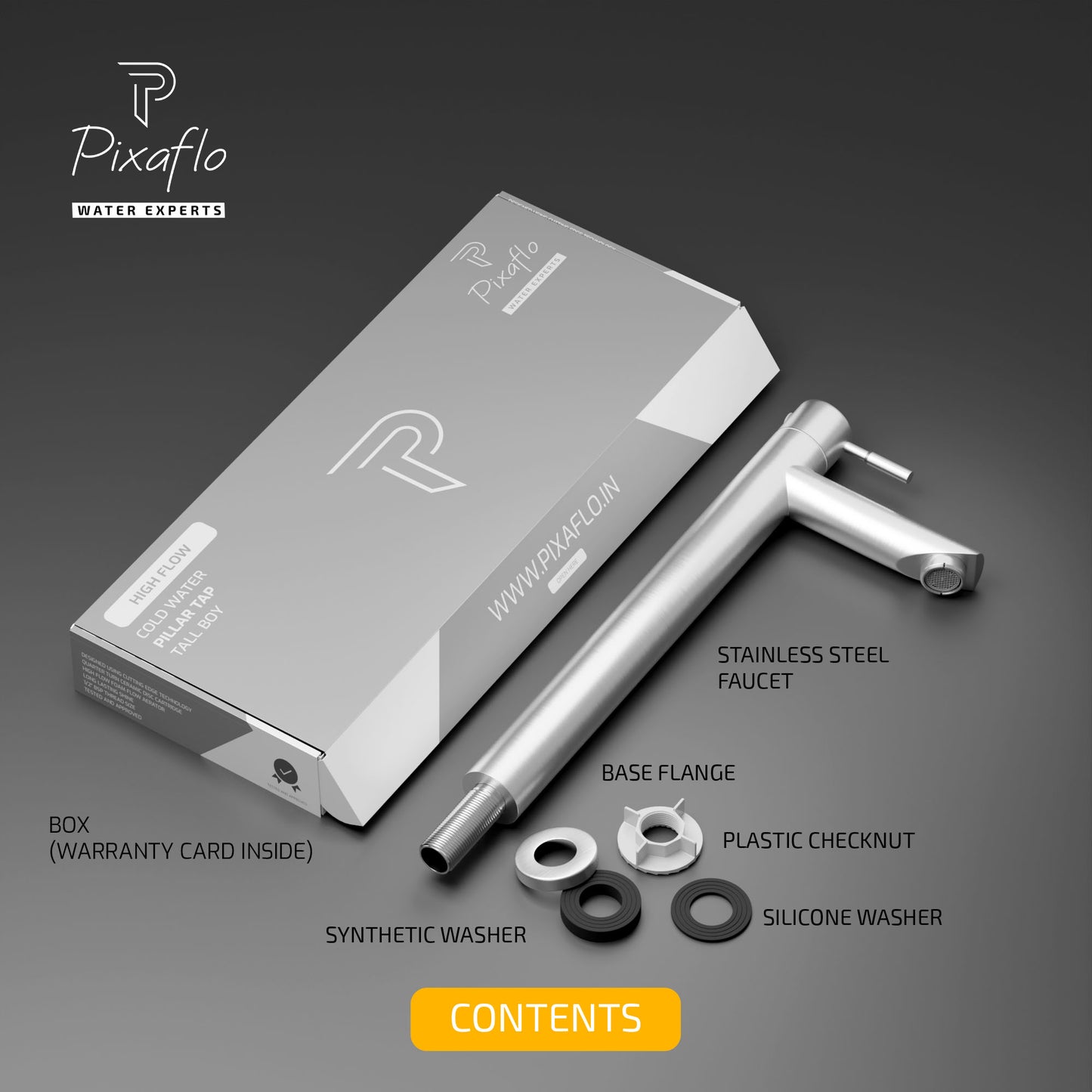 Pixaflo Florent Stainless Steel Tall Body Pillar Cock 12 inch Tap for Wash Basin | Deck Mounted | Cold Water Tap (Not Hot & Cold Mixer) | Counter Top/Table Top Faucet | Foam Flow | Brushed Steel Finish