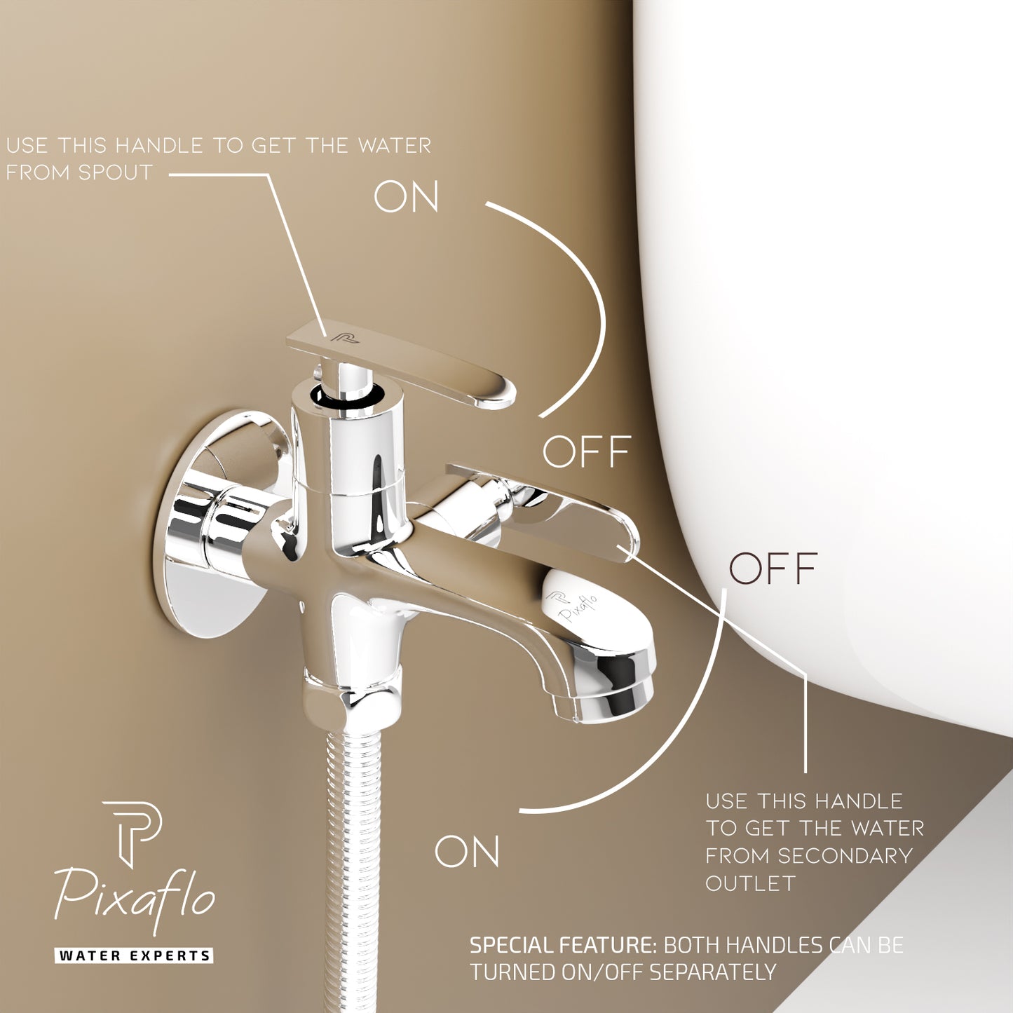 Pixaflo Moonstone Brass 2 Way Bib Cock Tap | 2 in 1 Wall Mounted Faucet with Wall Flange | Chrome Finish