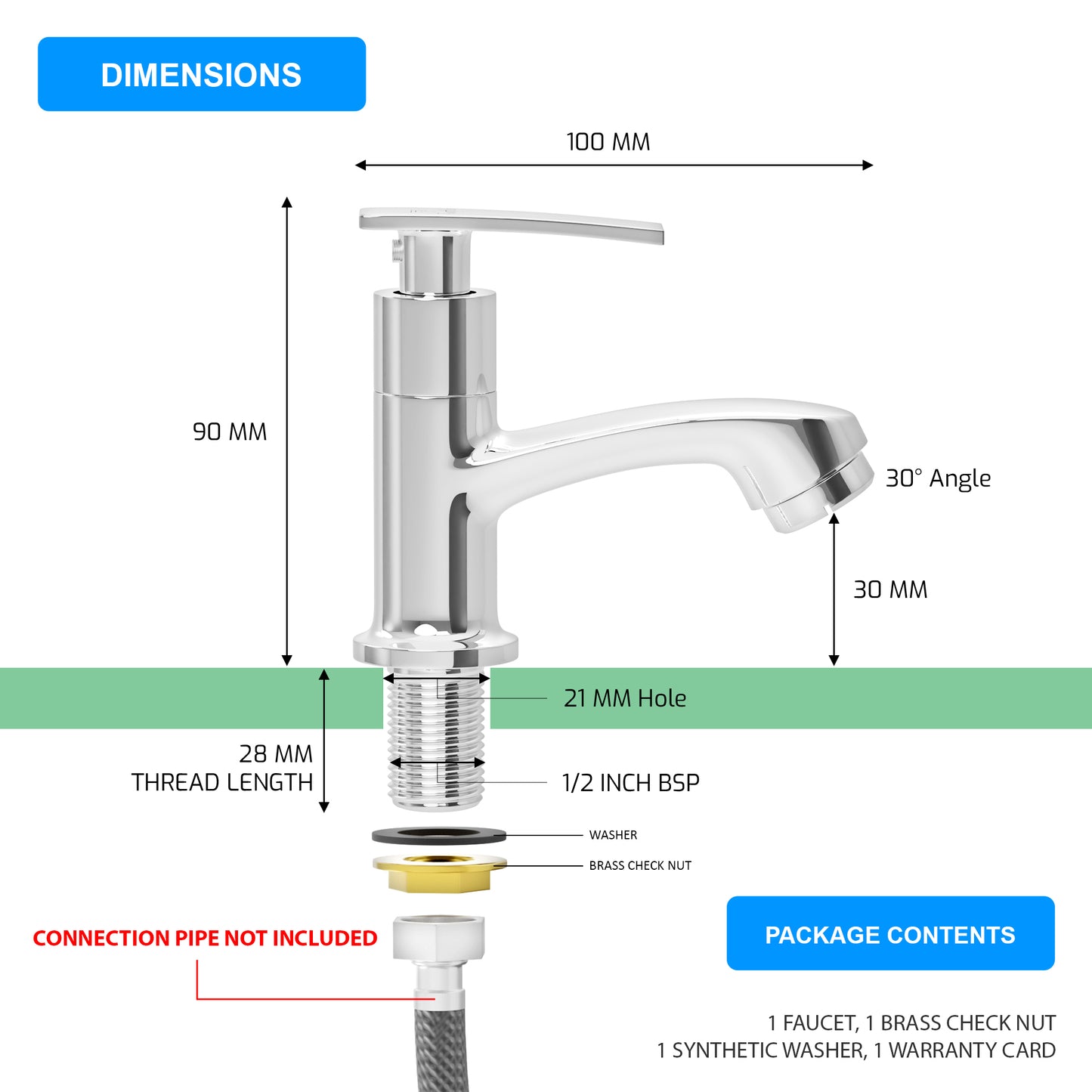 Pixaflo Moonstone Brass Pillar Tap for Wash Basin | Pillar Cock | Quarter-Turn | Ceramic Disc Cartridge | Foam Flow | Chrome Finish