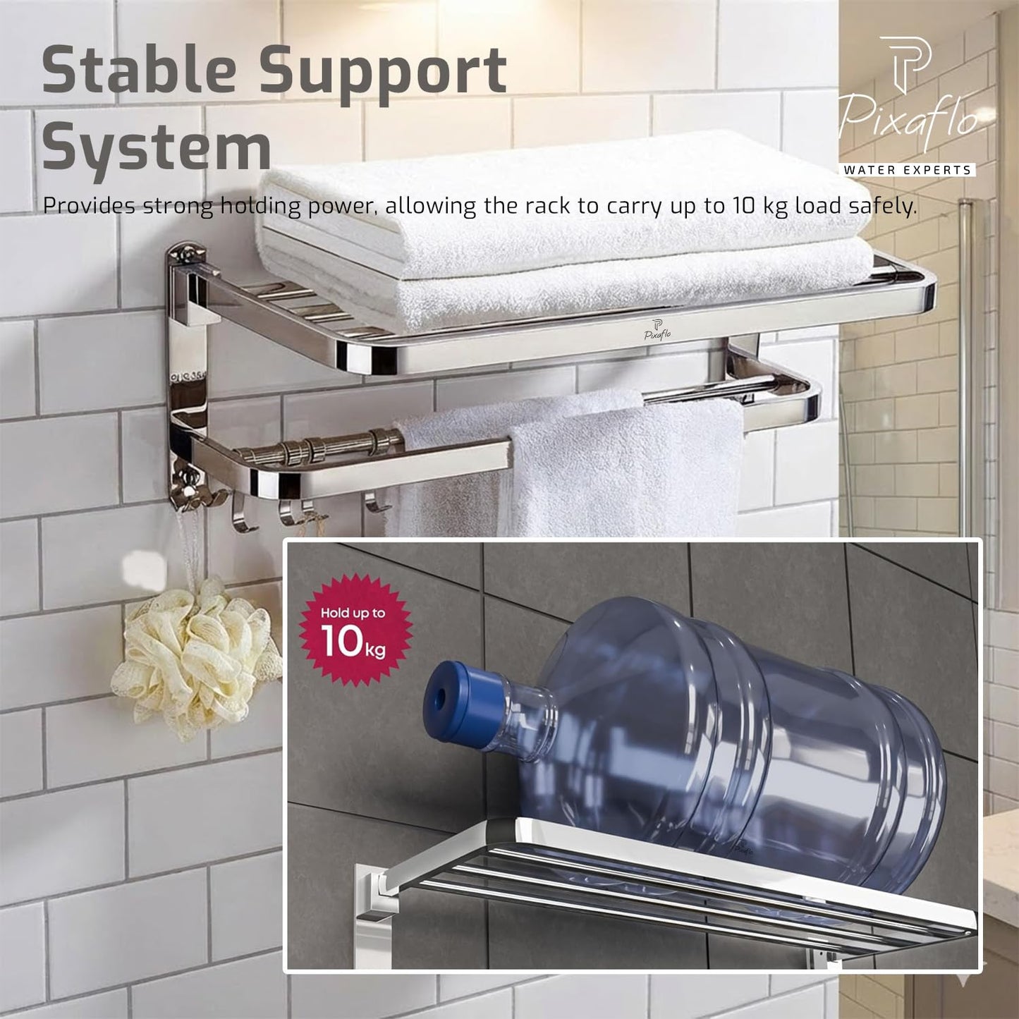 Pixaflo 24 Inch Folding Towel Rack for Bathroom | Stainless Steel Wall Mounted Towel Stand with Double Rod | Movable Hooks & Storage Shelf | 10Kg Load Capacity | Rustproof | Bathroom Accessories