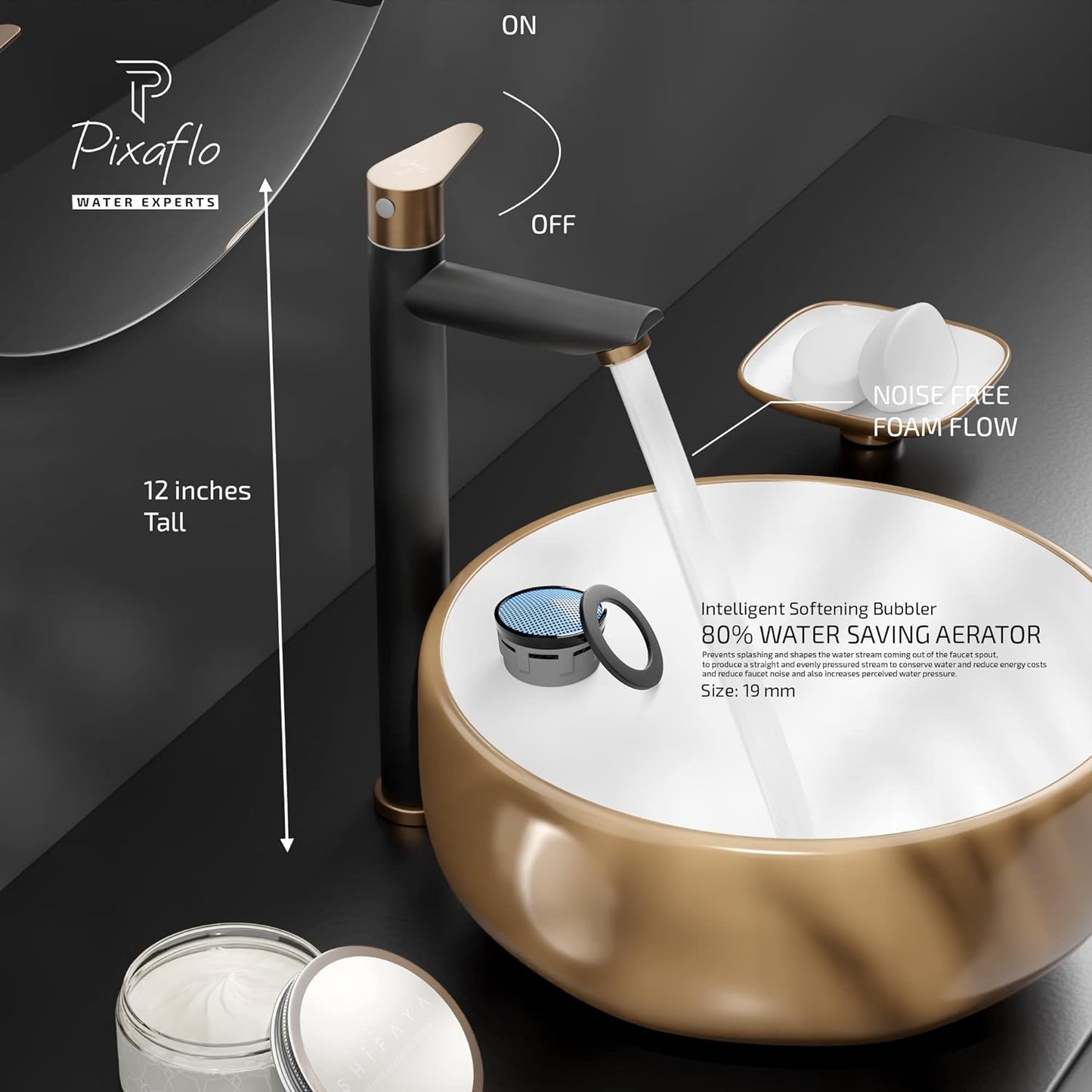 Pixaflo Vocal SS-304 Extended Tall Body Pillar Cock 12" Tap for Wash Basin | Stainless Steel (Black Bronze | Pack of 1)