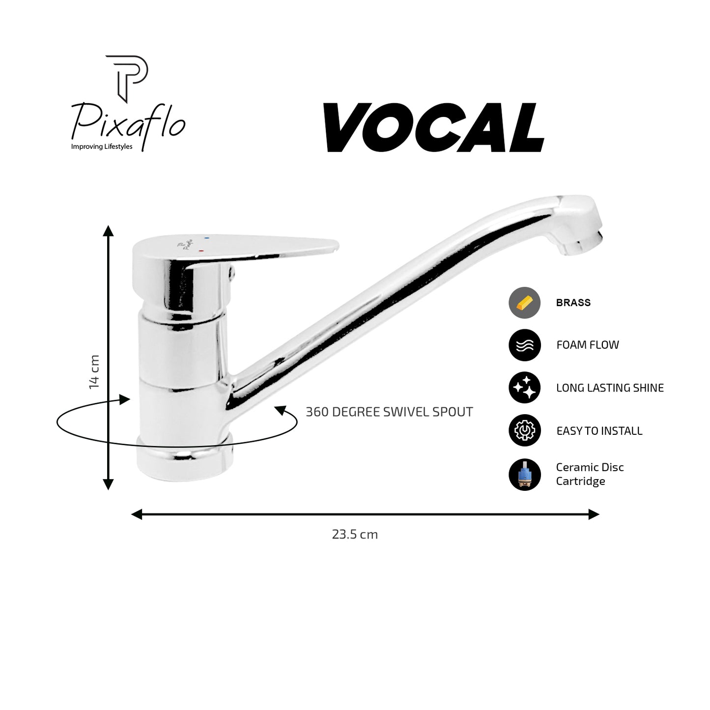 Pixaflo Vocal Brass Single Lever Sink Mixer Table Mounted with Swivel Spout and 18 inches Long Braided Hoses | Chrome Finish