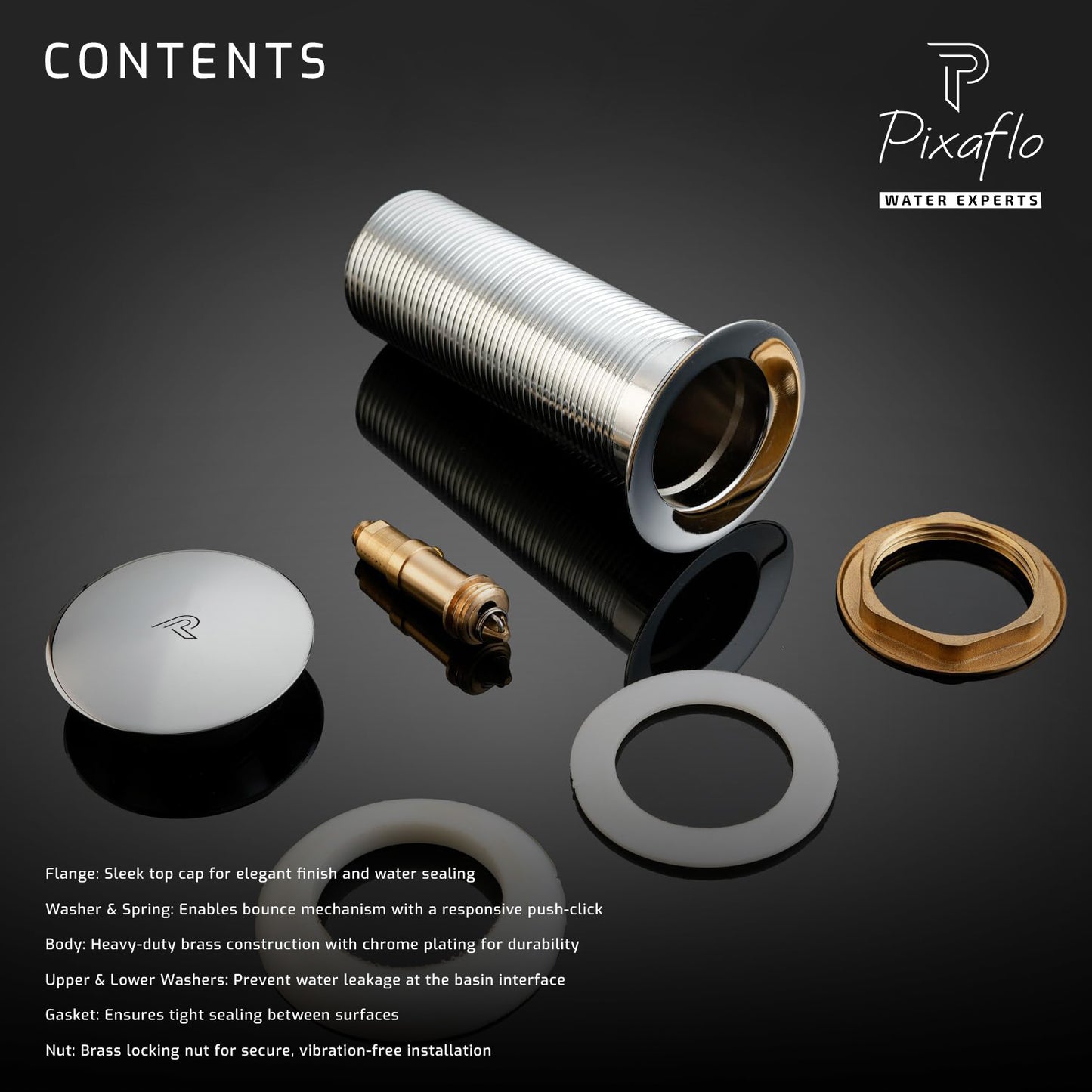 Pixaflo 5-Inches Stainless Steel Pop-Up Waste Coupling for Wash Basin & Sink | Full Threaded G1¼” | Durable Anti-Rust Bathroom Drain Plug | Universal Fit for Vanity & Countertop | Chrome Finish
