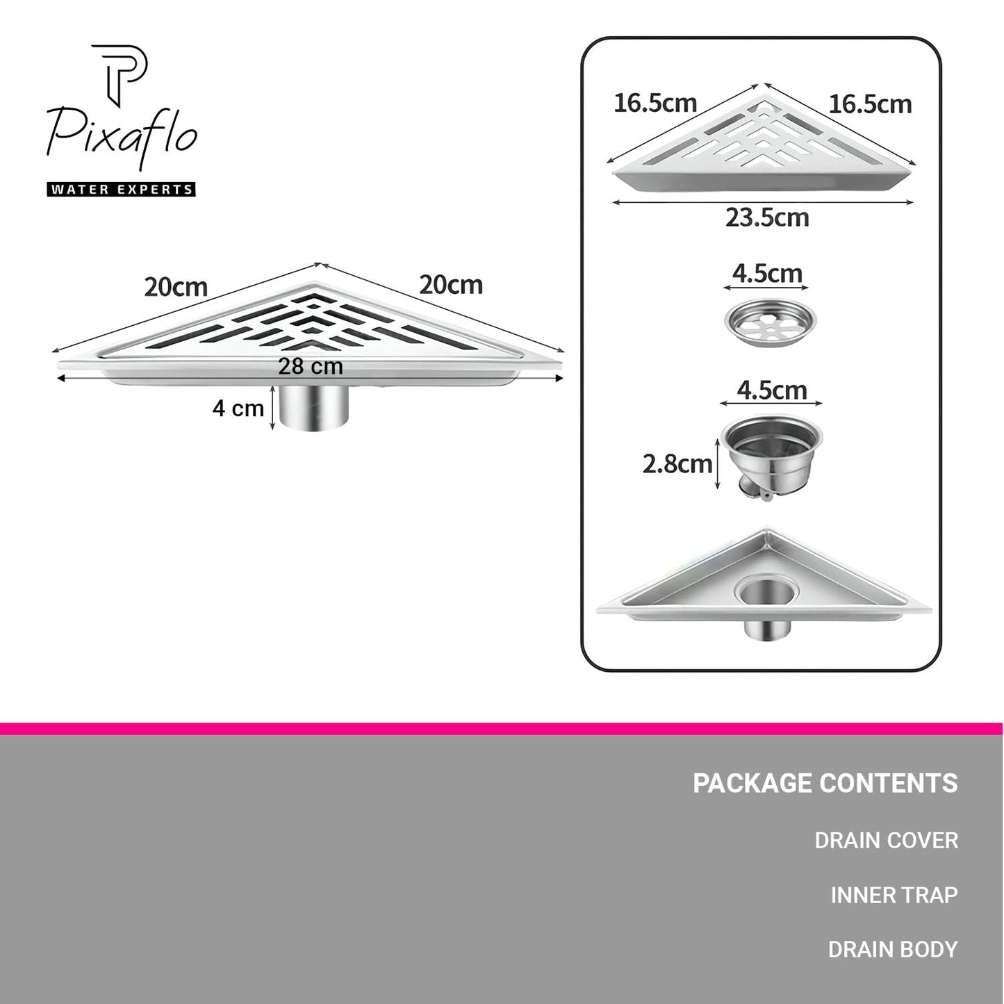 Pixaflo Triangular Corner Drain Strainer | 20 x 20 x 28 cm | 304 Stainless Steel Shower Water Drain Channel | Floor Drain Jali with Collar | Center Hole