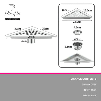 Pixaflo Triangular Corner Drain Strainer | 20 x 20 x 28 cm | 304 Stainless Steel Shower Water Drain Channel | Floor Drain Jali with Collar | Center Hole