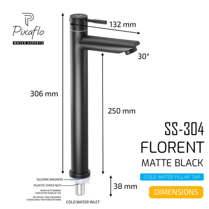 Pixaflo Florent SS-304 Extended Tall Body Pillar Cock 12" Tap for Wash Basin | Stainless Steel (Matte Black)
