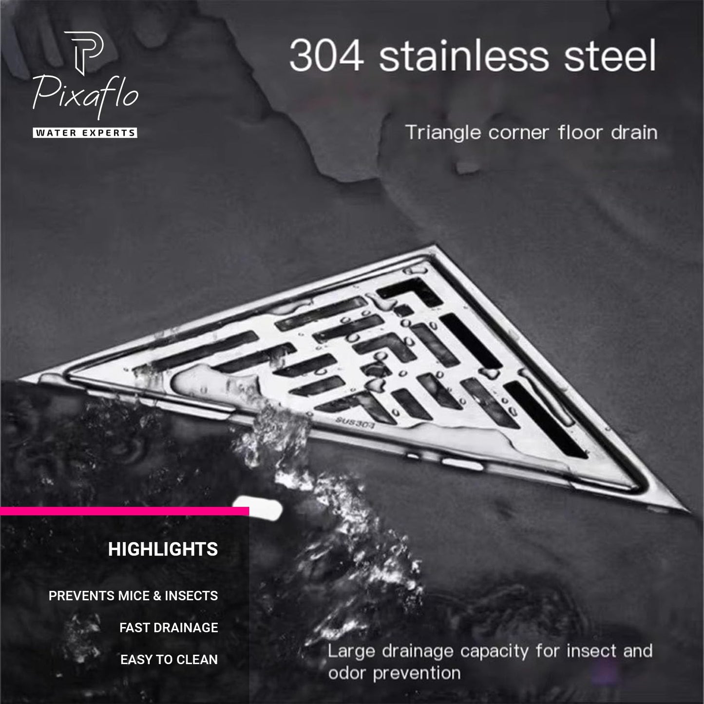 Pixaflo Triangular Corner Drain Strainer | 20 x 20 x 28 cm | 304 Stainless Steel Shower Water Drain Channel | Floor Drain Jali with Collar | Center Hole