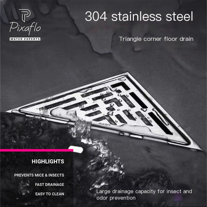 Pixaflo Triangular Corner Drain Strainer | 20 x 20 x 28 cm | 304 Stainless Steel Shower Water Drain Channel | Floor Drain Jali with Collar | Center Hole
