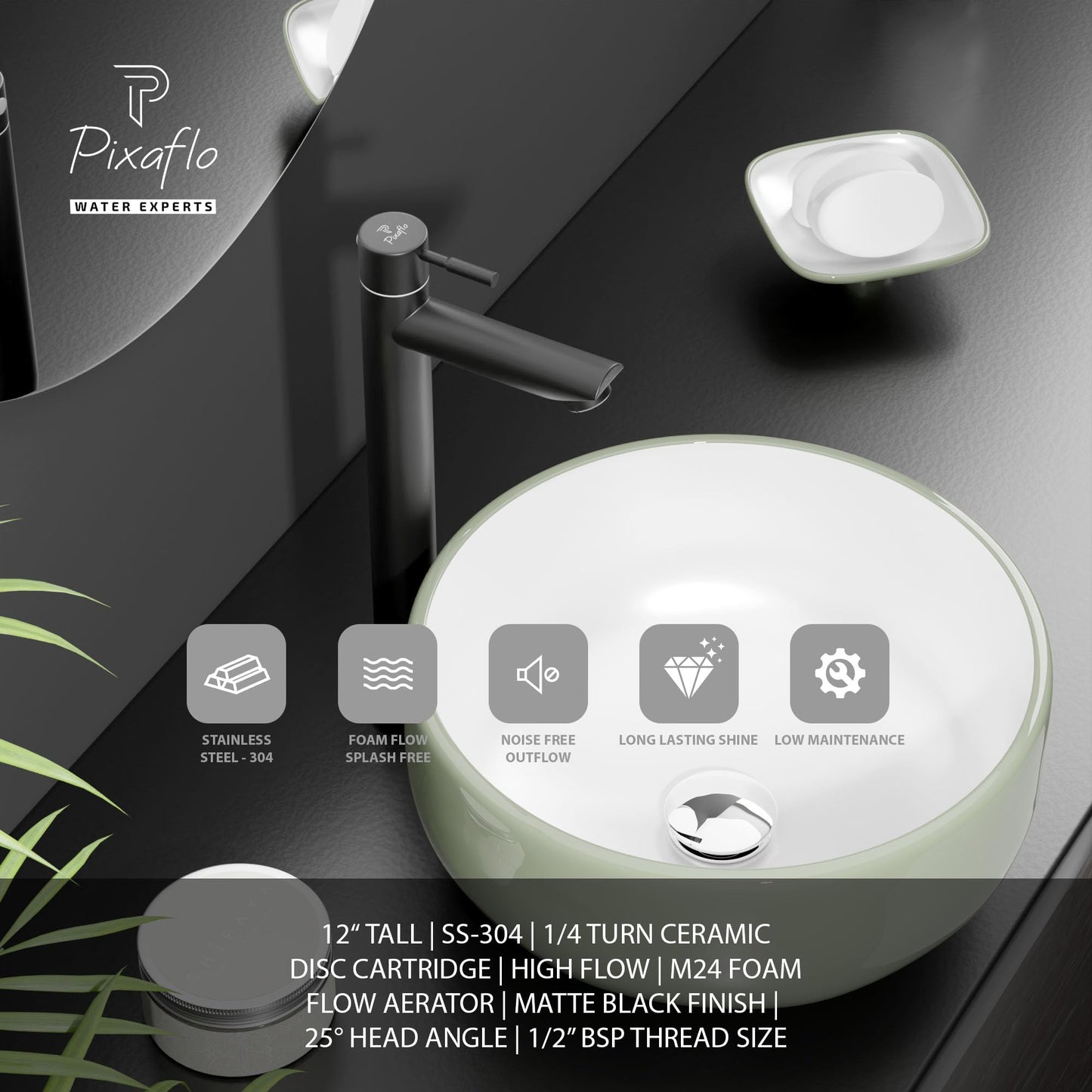 Pixaflo Florent SS-304 Extended Tall Body Pillar Cock 12" Tap for Wash Basin | Stainless Steel (Matte Black)