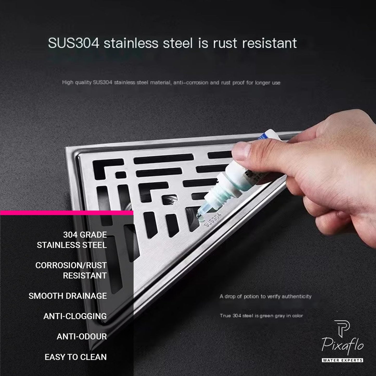 Pixaflo Triangular Corner Drain Strainer | 20 x 20 x 28 cm | 304 Stainless Steel Shower Water Drain Channel | Floor Drain Jali with Collar | Center Hole