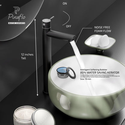 Pixaflo Florent SS-304 Extended Tall Body Pillar Cock 12" Tap for Wash Basin | Stainless Steel (Matte Black)