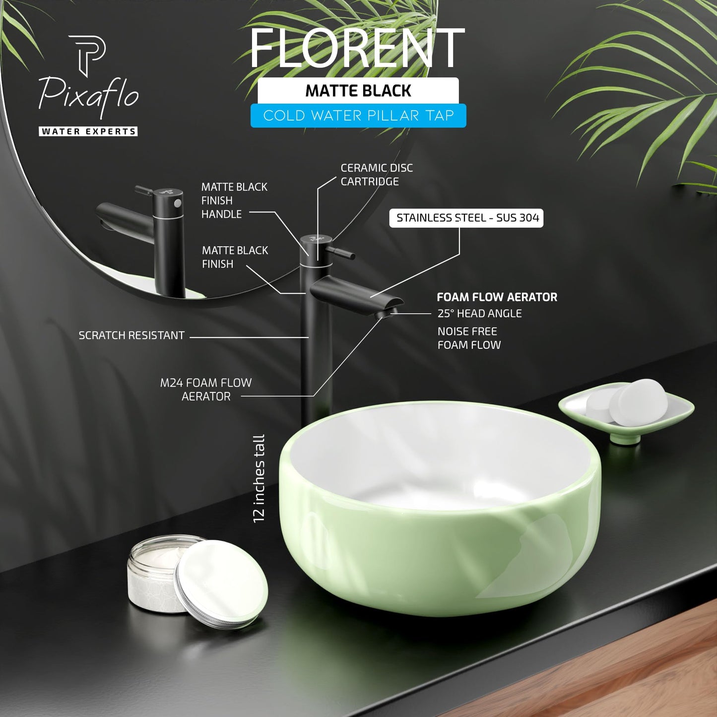 Pixaflo Florent SS-304 Extended Tall Body Pillar Cock 12" Tap for Wash Basin | Stainless Steel (Matte Black)