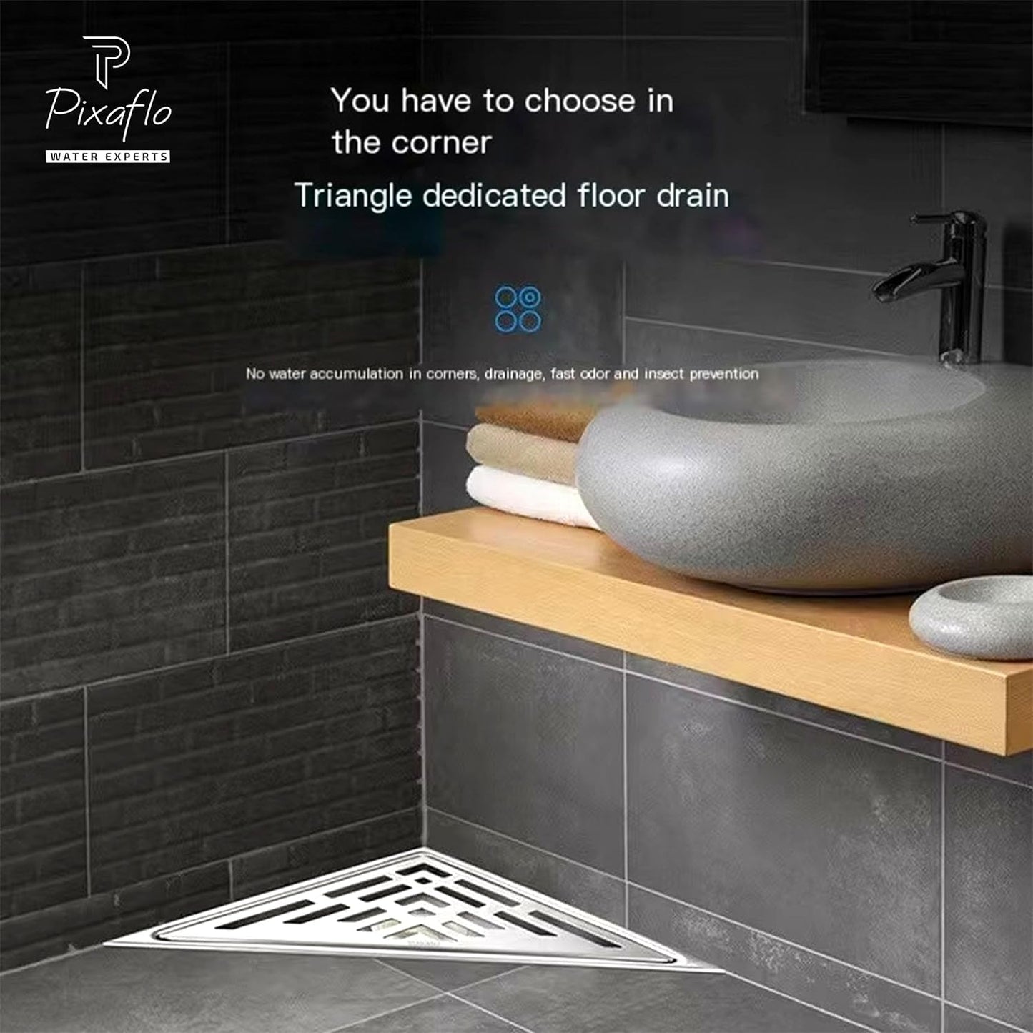 Pixaflo Triangular Corner Drain Strainer | 20 x 20 x 28 cm | 304 Stainless Steel Shower Water Drain Channel | Floor Drain Jali with Collar | Center Hole