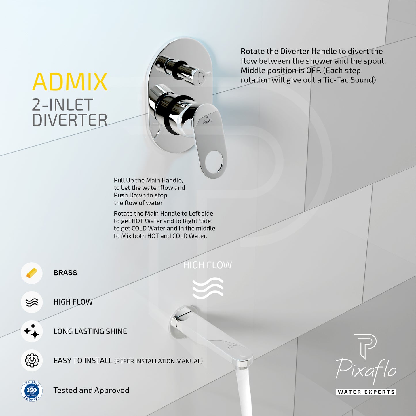 Pixaflo Brass Admix High Flow Single Lever 4 Way / 2 Inlet Diverter | Tic-Tac | Complete Set | Bathroom Shower System | Bathroom Mixer | Chrome Finish